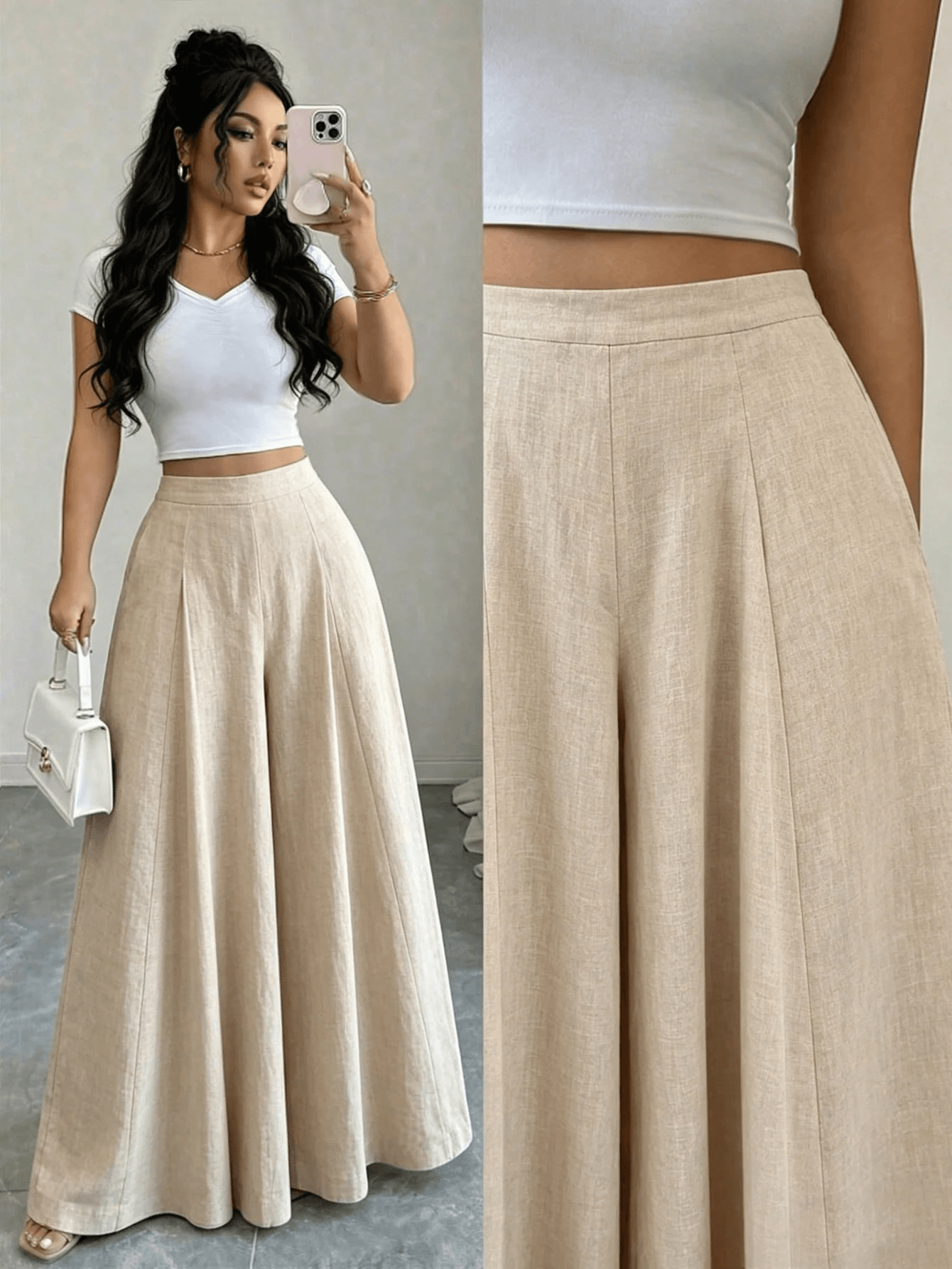 Women's Apricot Linen High Waist Wide Leg Pants