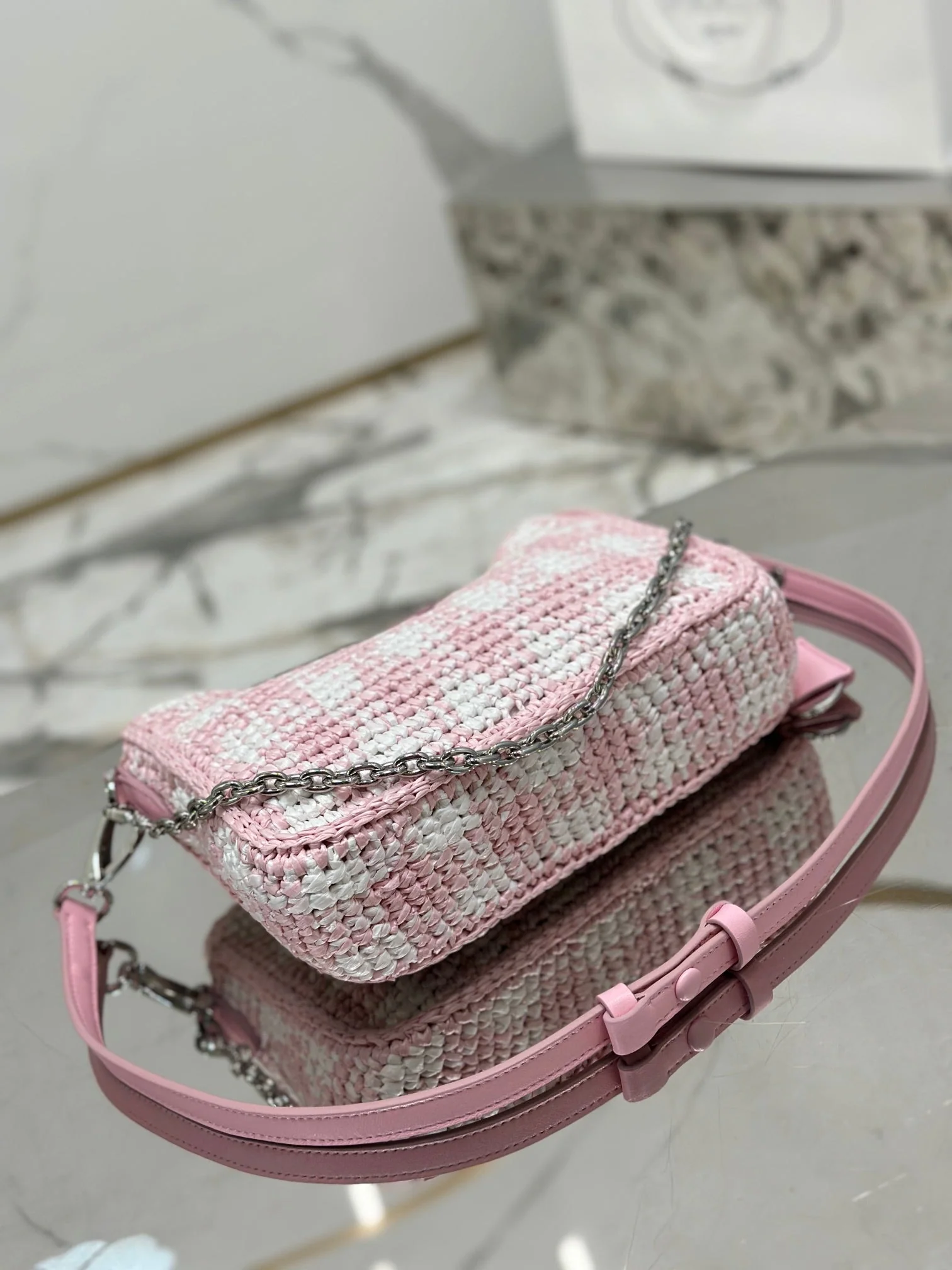 Prada CROCHET HOBO BAG 22 IN PINK MIX WHITE RAFFIA SILVER HARDWARE