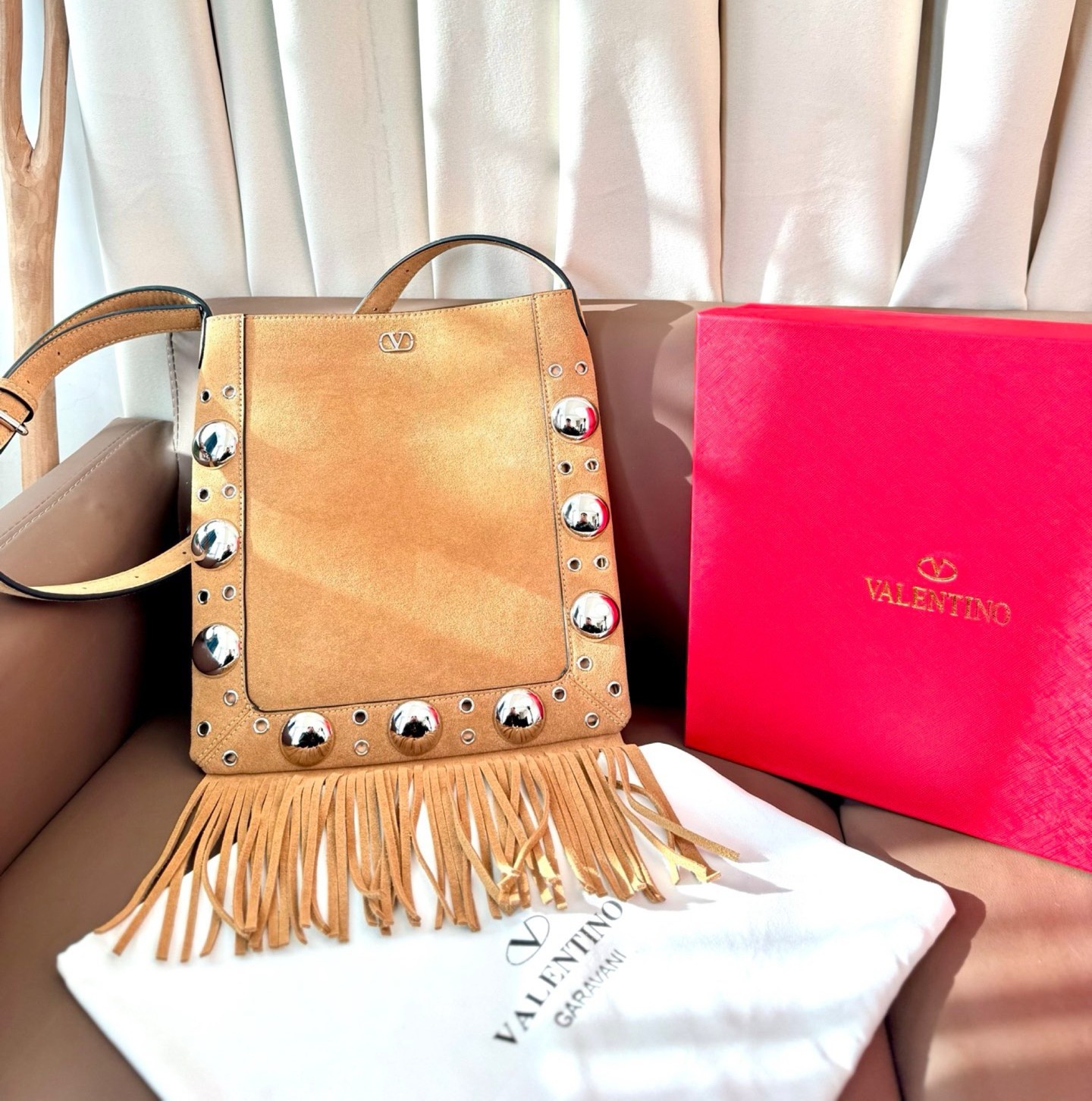 Valentino Garavani Rockstud Square Suede Large Cabochon Stud Fringe Crossbody Bag - KAIROO