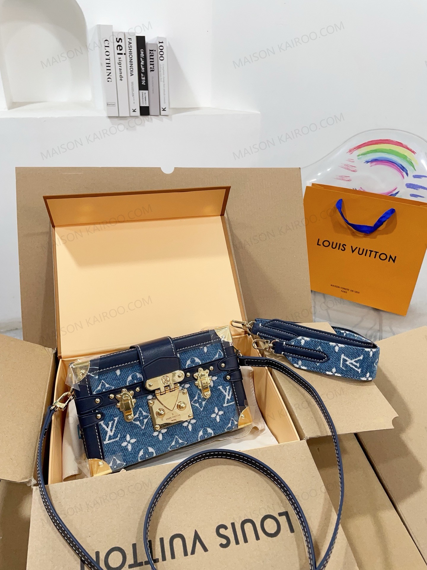 Louis Vuitton LV Petite Malle Trunk Monogram Jacquard Denim Blue S-Twist Lock Crossbody Bag - KAIROO