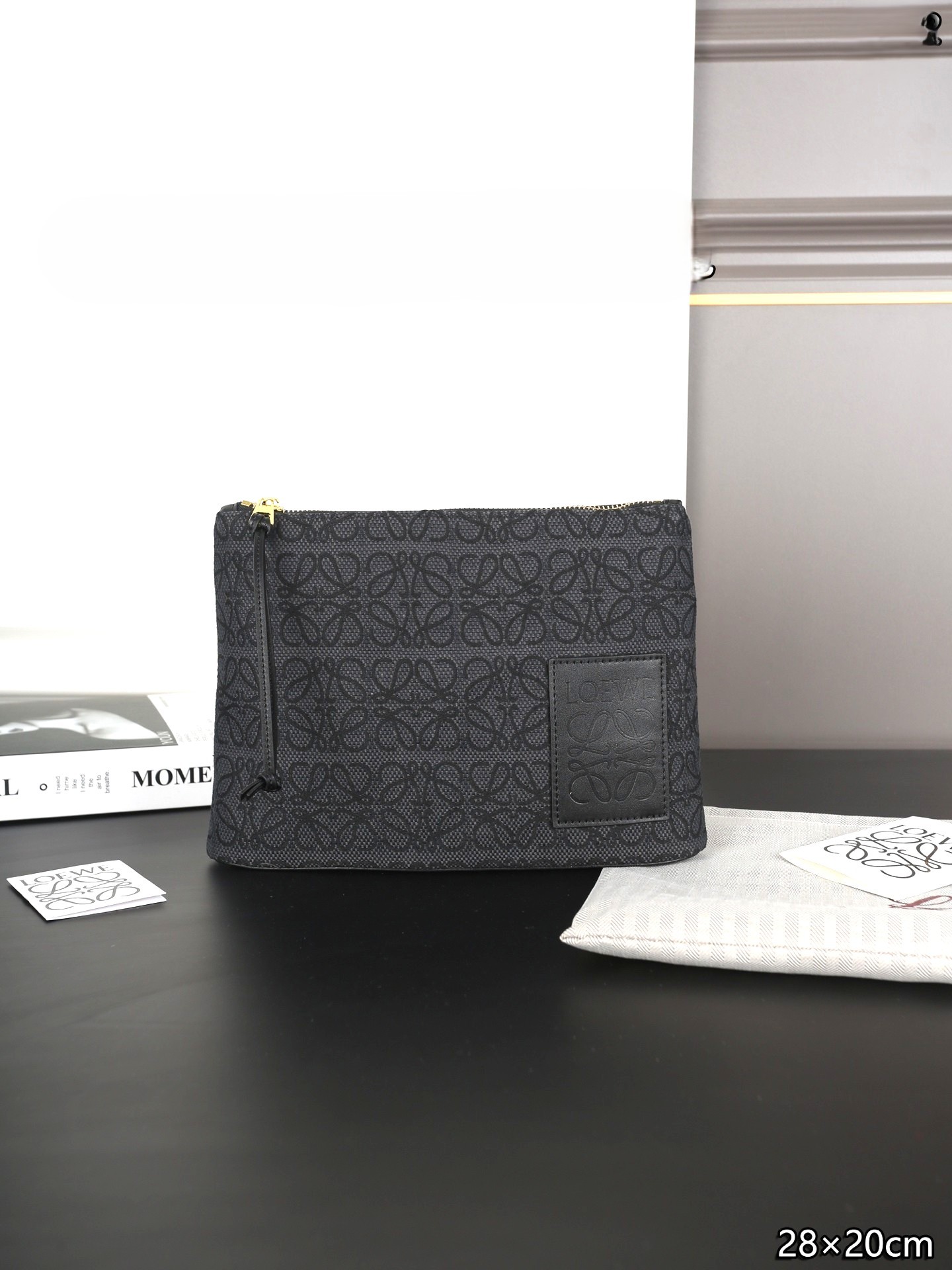 Loewe Black Anagram Jacquard Canvas Leather Logo Zip Closure Pouch - KAIROO