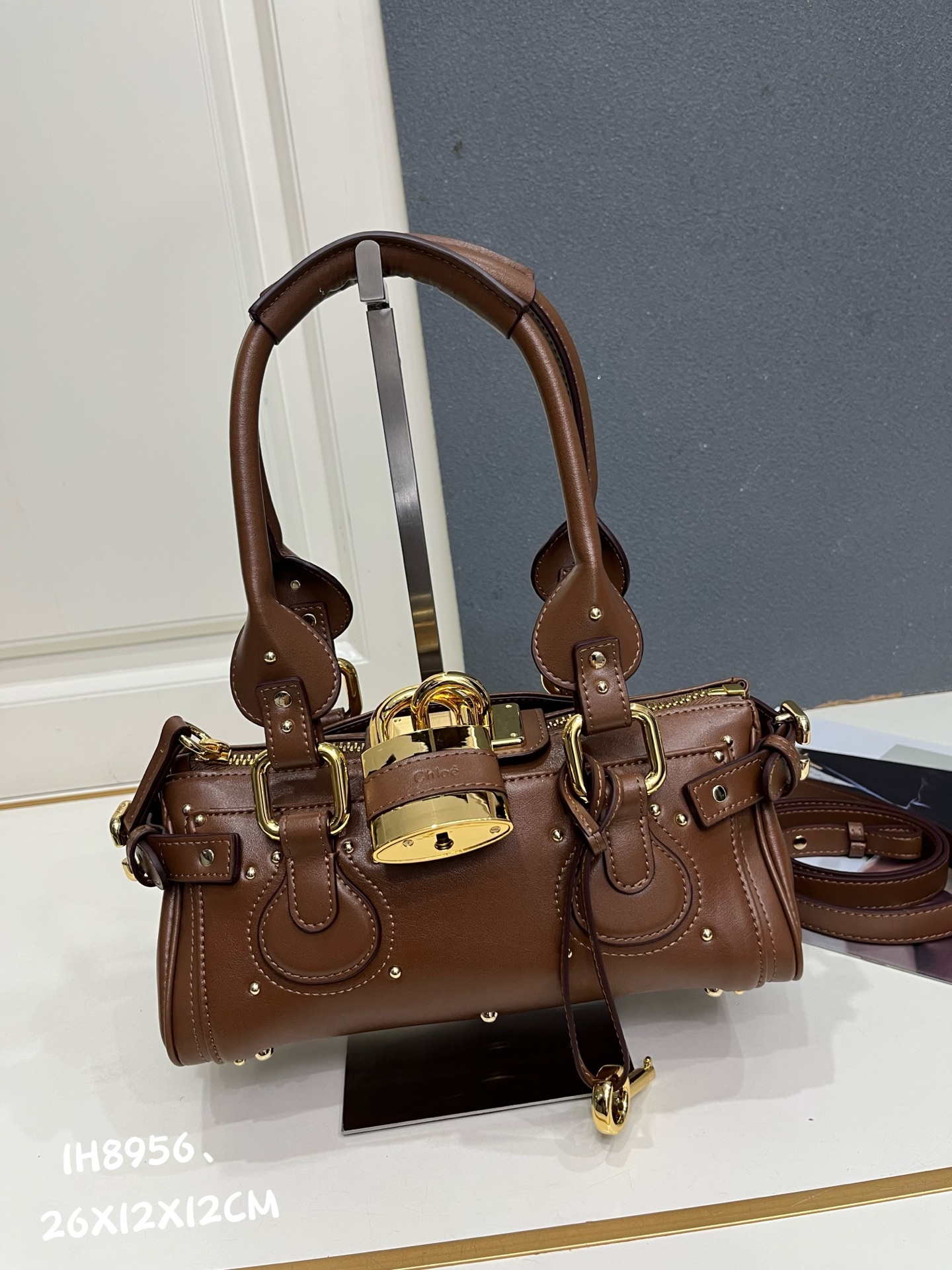 Chloe Paddington Brown Mini Oversized Rivet Padlock Key Smooth Leather Hobo Top Handle Bag - KAIROO