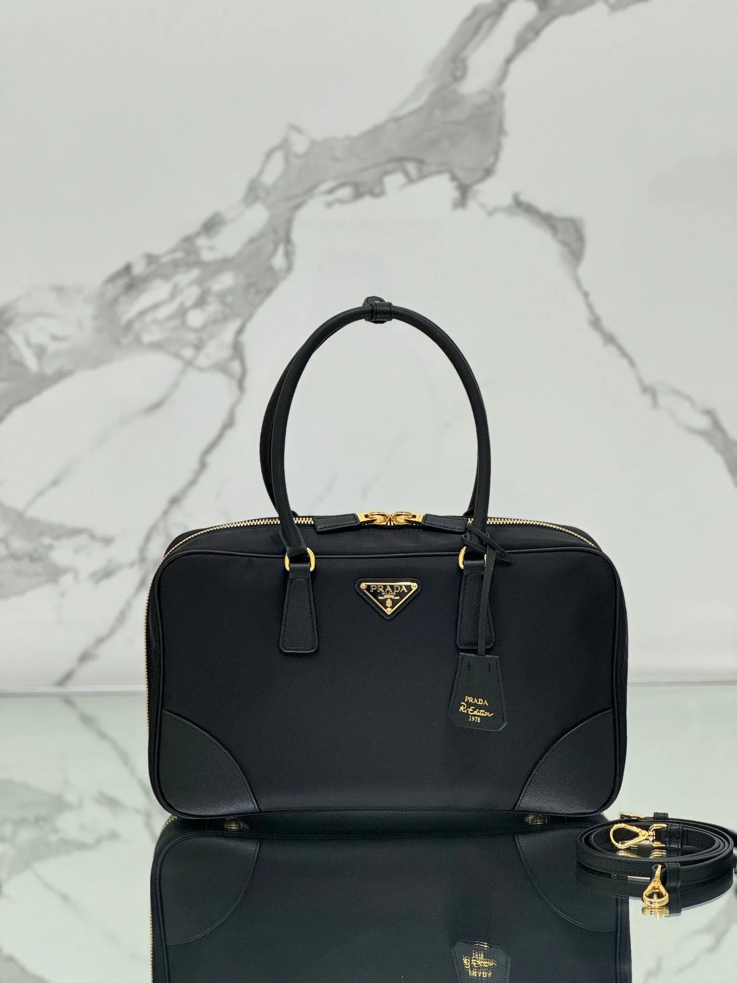 Prada LARGE TOP HANDLE BAG 35 IN BLACK NYLON AND CALFSKIN TRIM