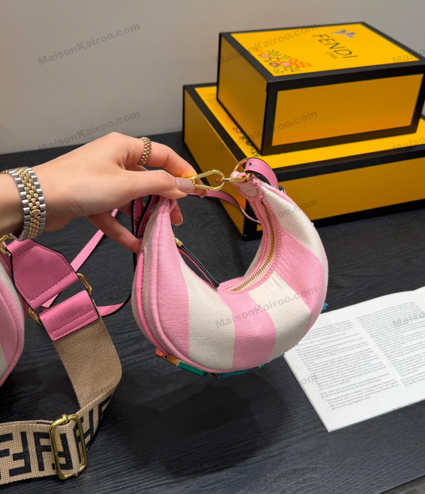Fendi Fendigraphy FF Mini & Small Pink White Vertical Stripe Canvas Bottom Logo Shoulder Bag - KAIROO