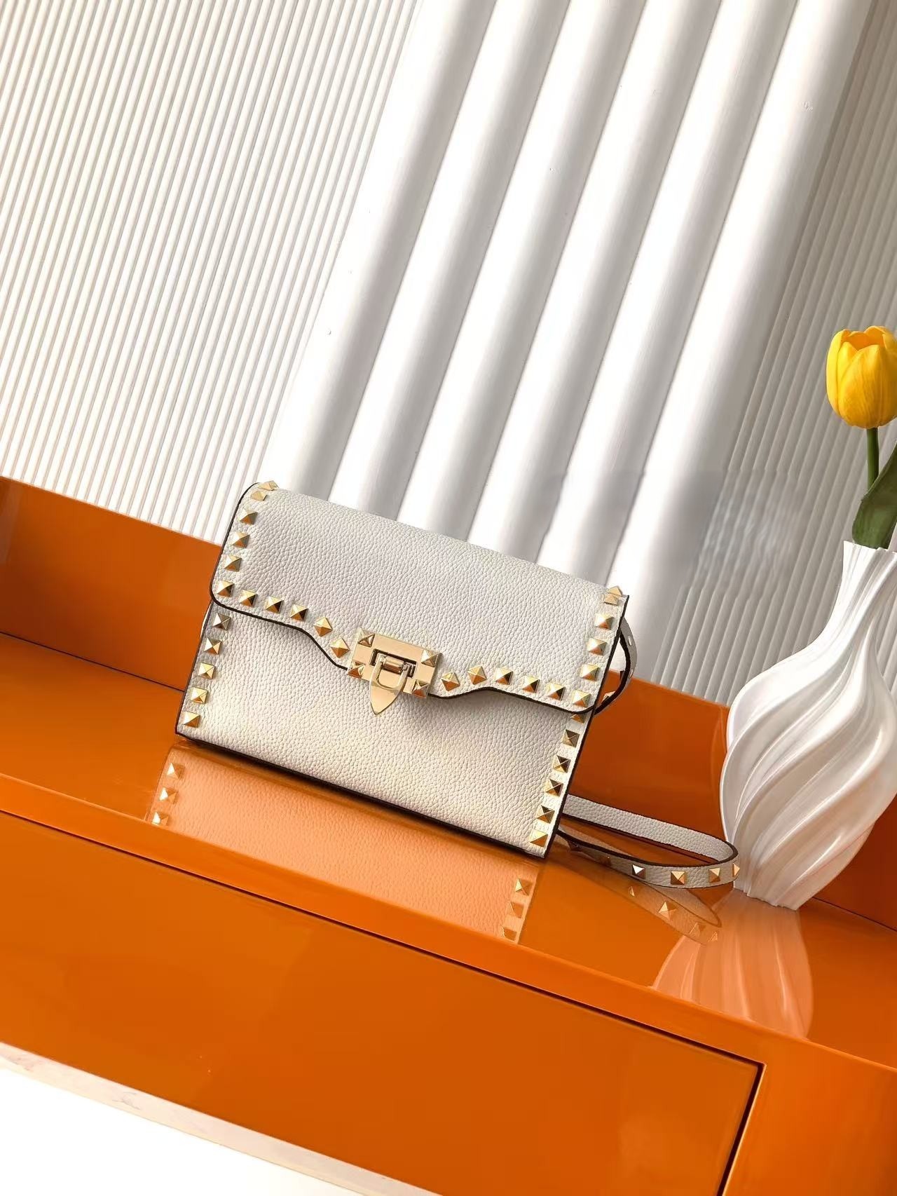 Valentino Rockstud Grained Leather Gold Studded Envelope Shoulder Crossbody Bag - KAIROO