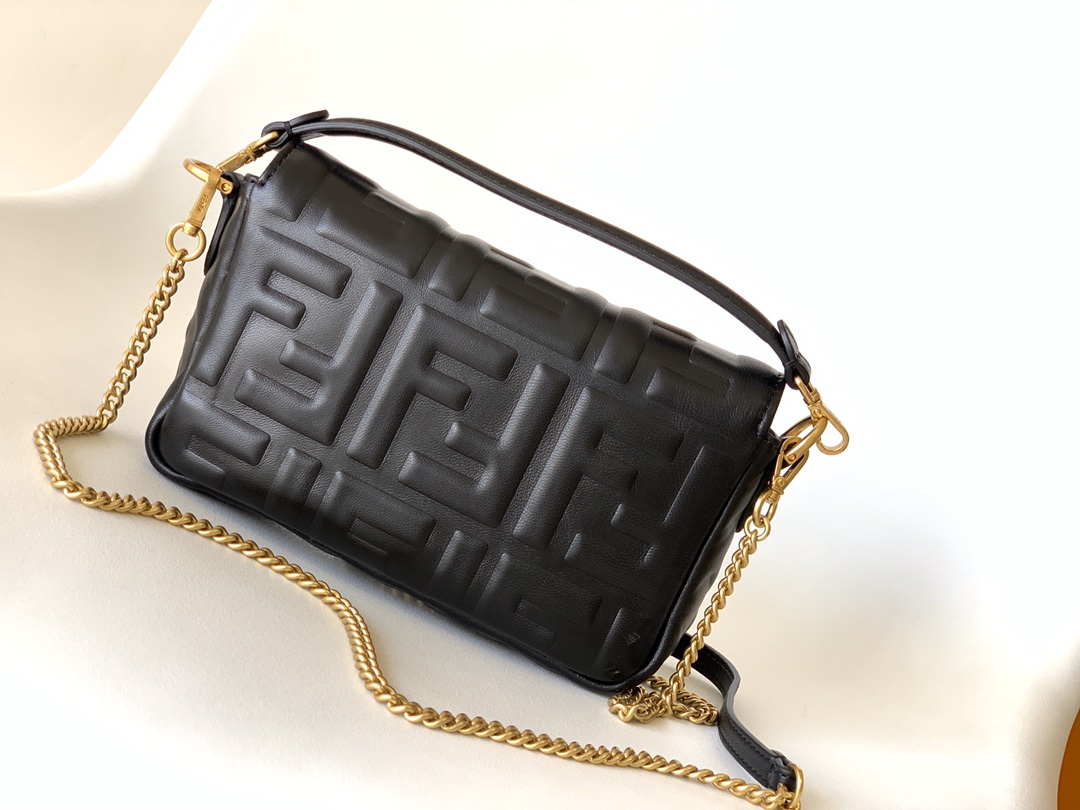 Fendi Iconic Mini Baguette Chain Leather Bag-Black