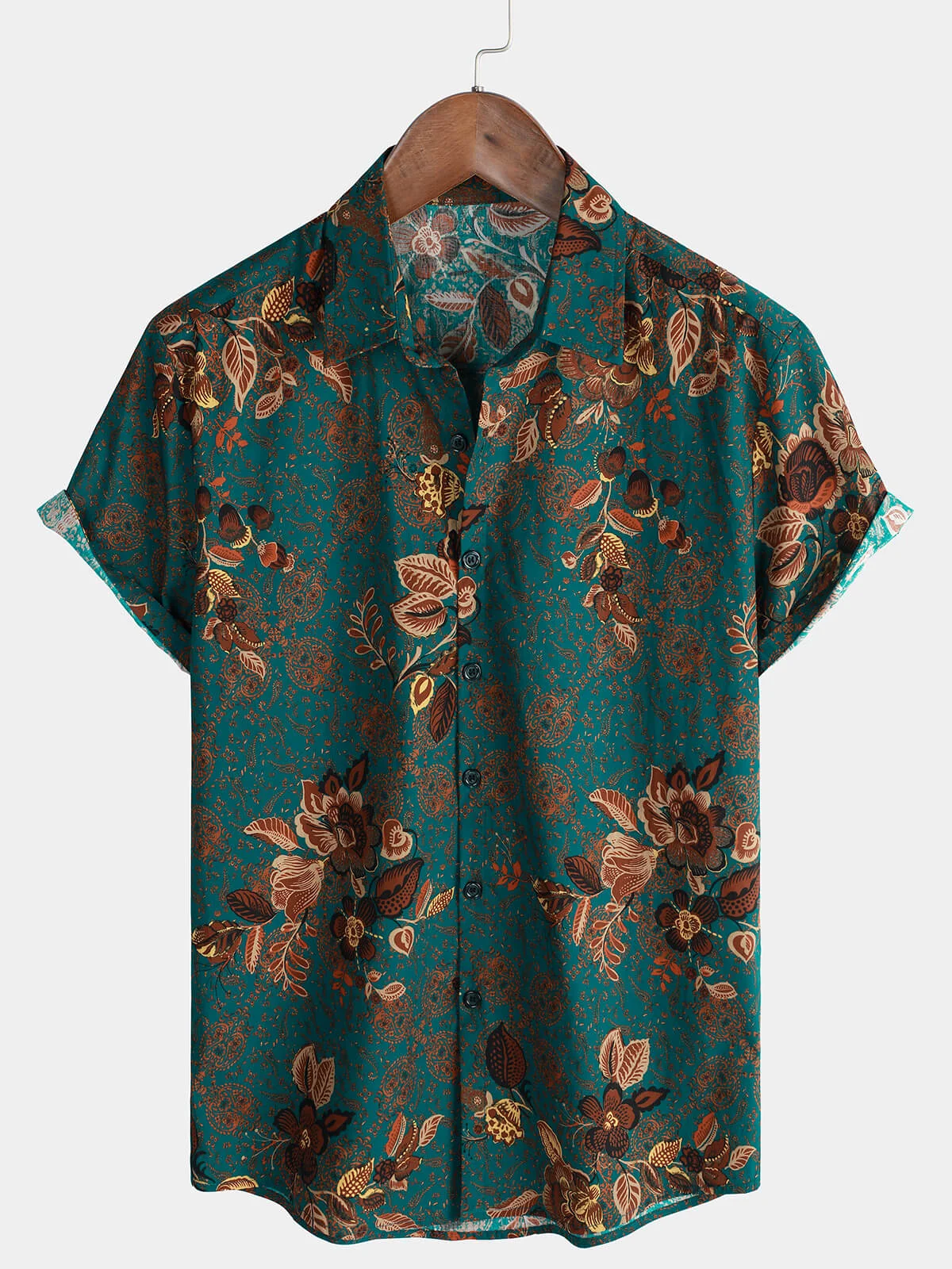 Men's Vintage Green Cotton Hawaiian Floral Button-Up Short Sleeve Shirt
