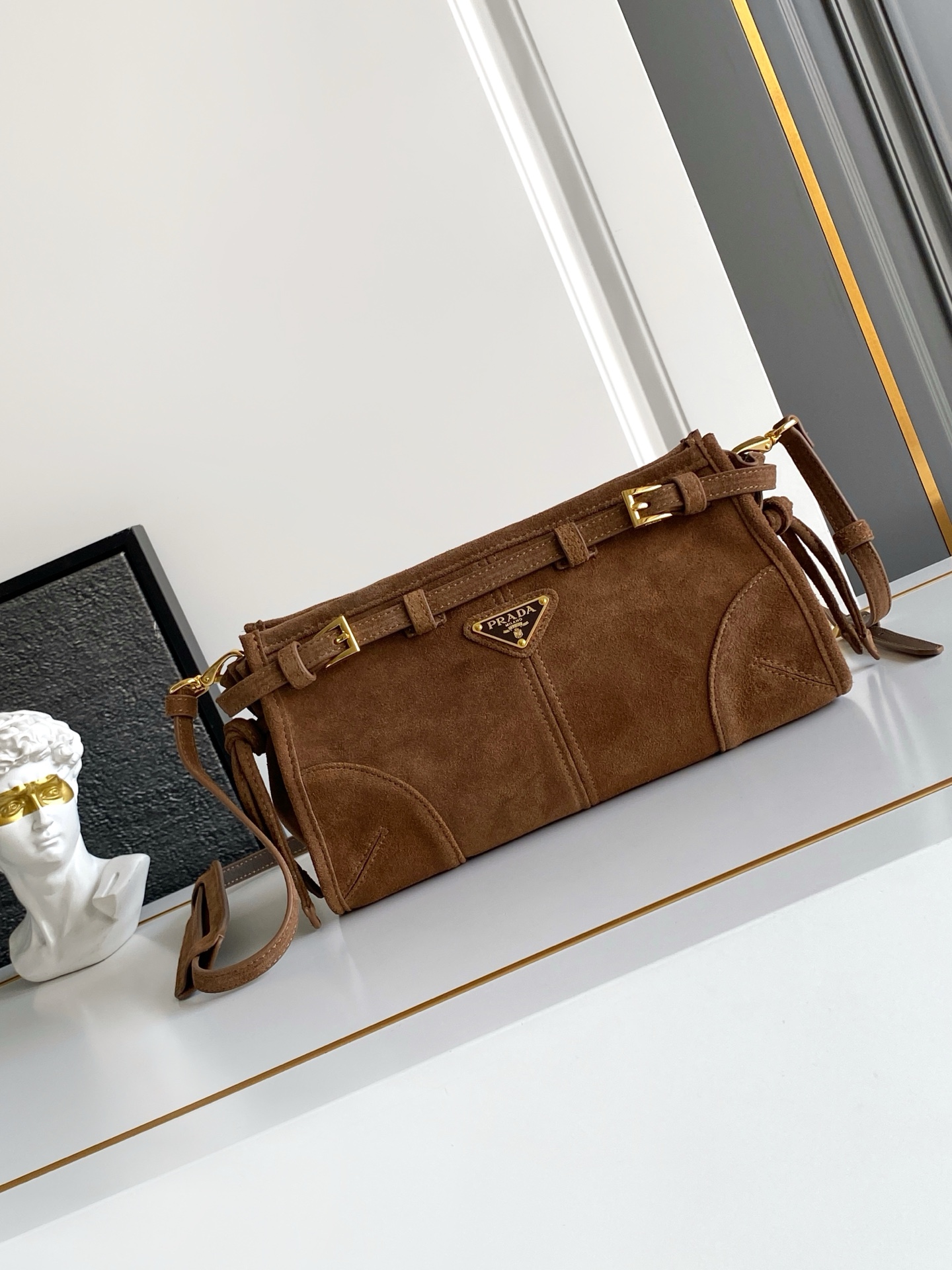 Prada Bonnie small suede shoulder bag-Brown1BH215