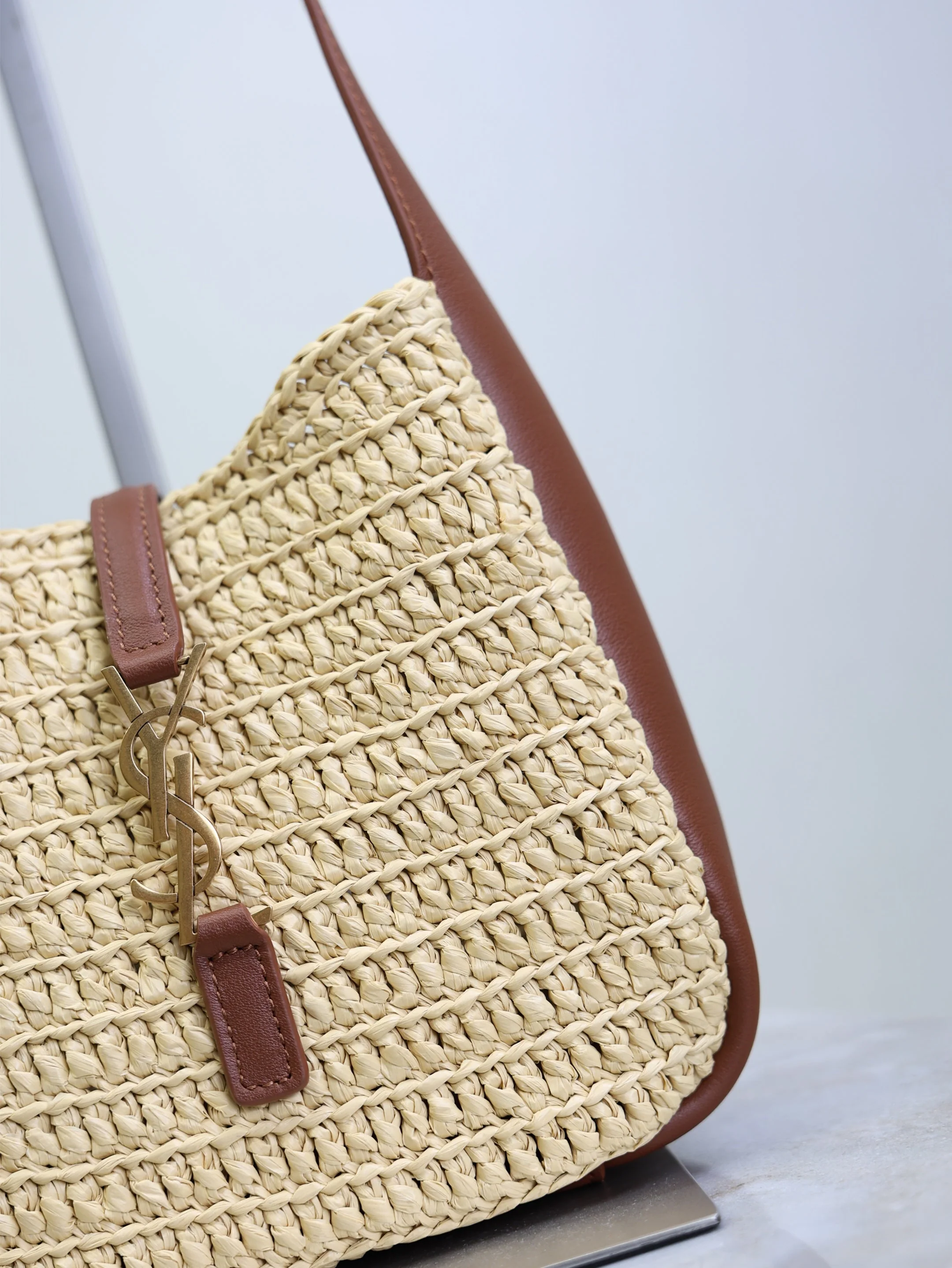 Saint Laurent YSL LE 5A7 Mini 15cm Brown Beige Raffia Leather GHW