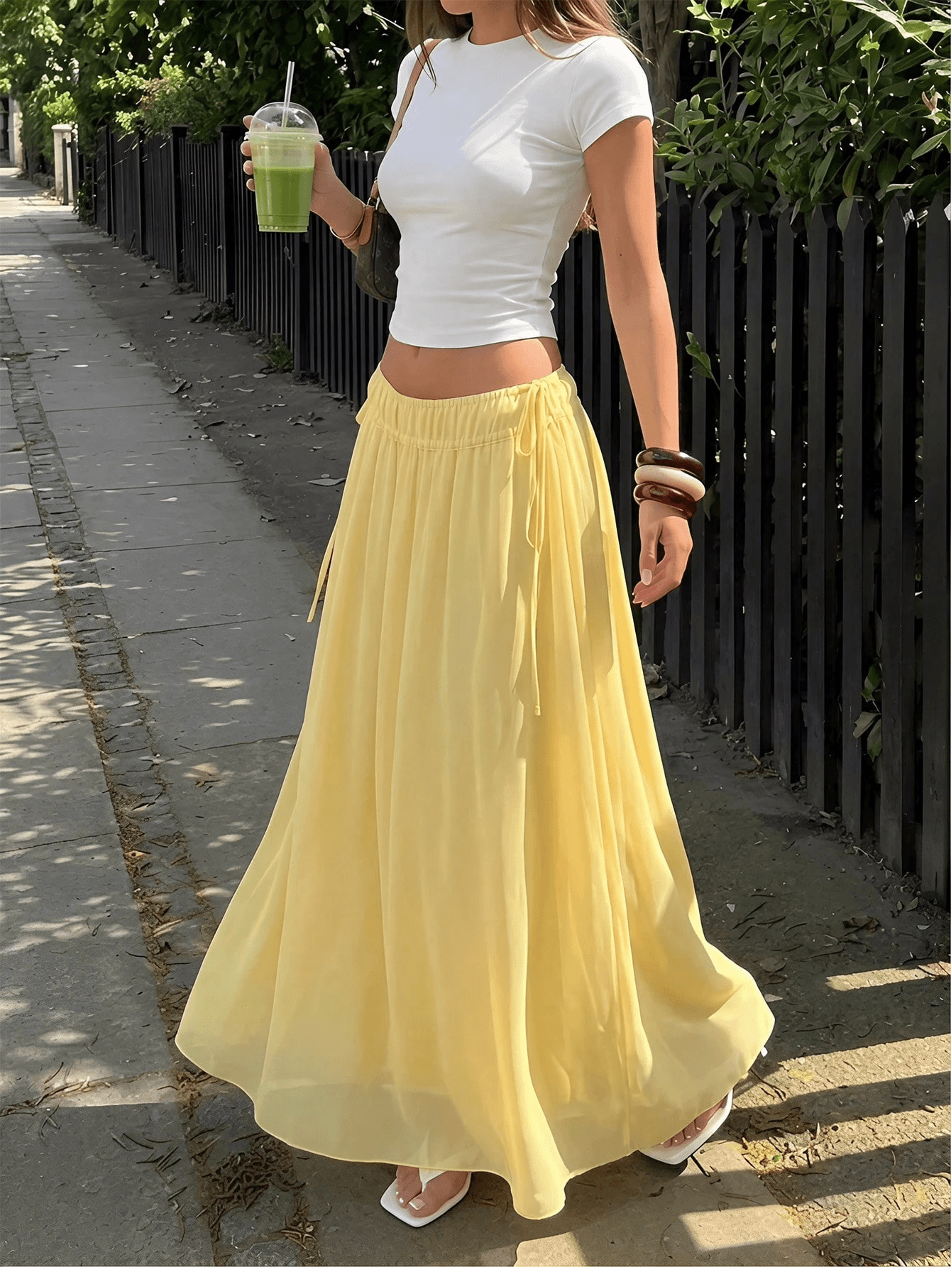 Women's Ruched Side Tie Flowy Chiffon Maxi Skirt
