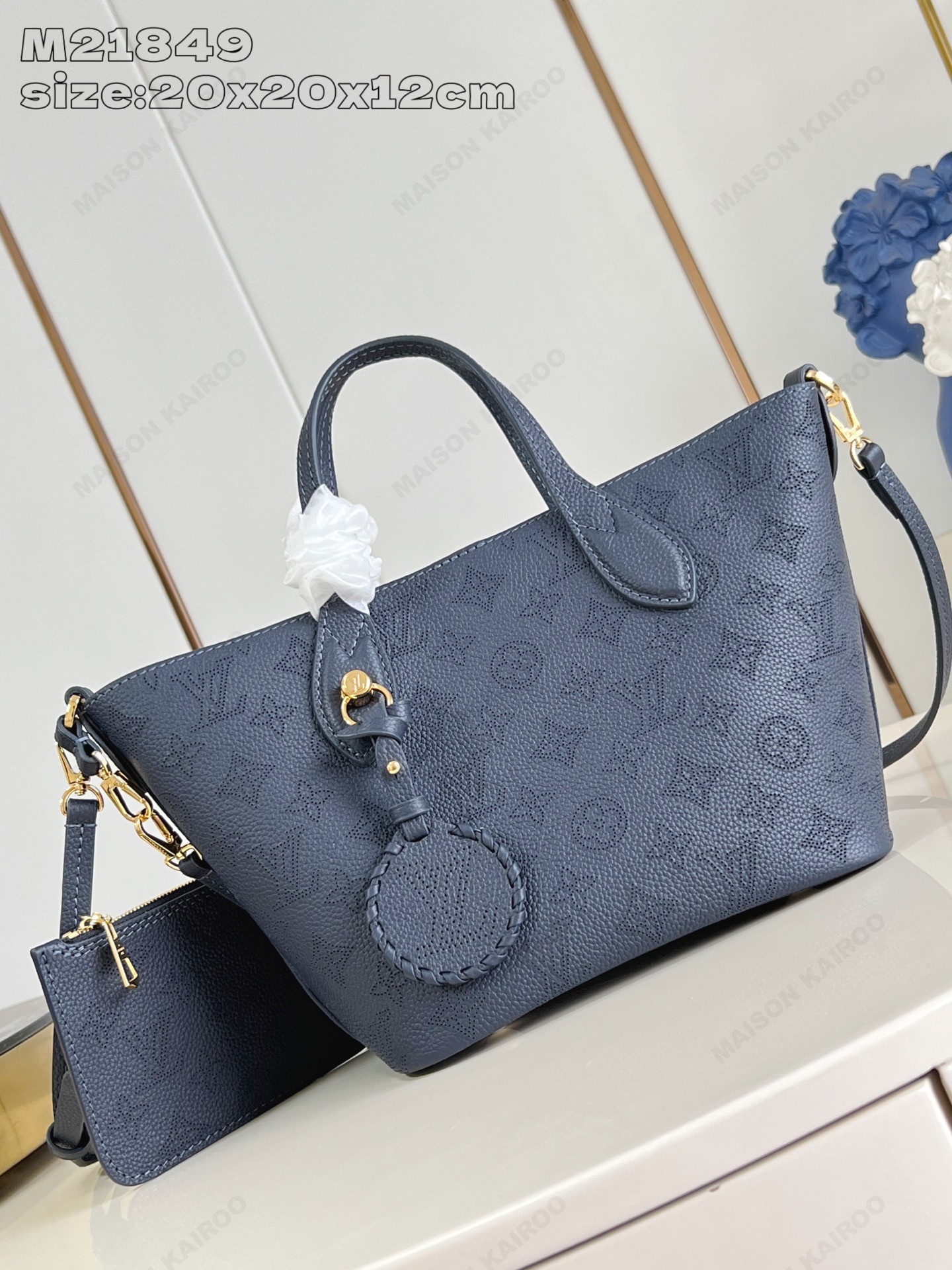【15A】Louis Vuitton LV Mahina Blossom PM Navy Dense Perforated Monogram Leather Basket Handle Tote Bag - KAIROO