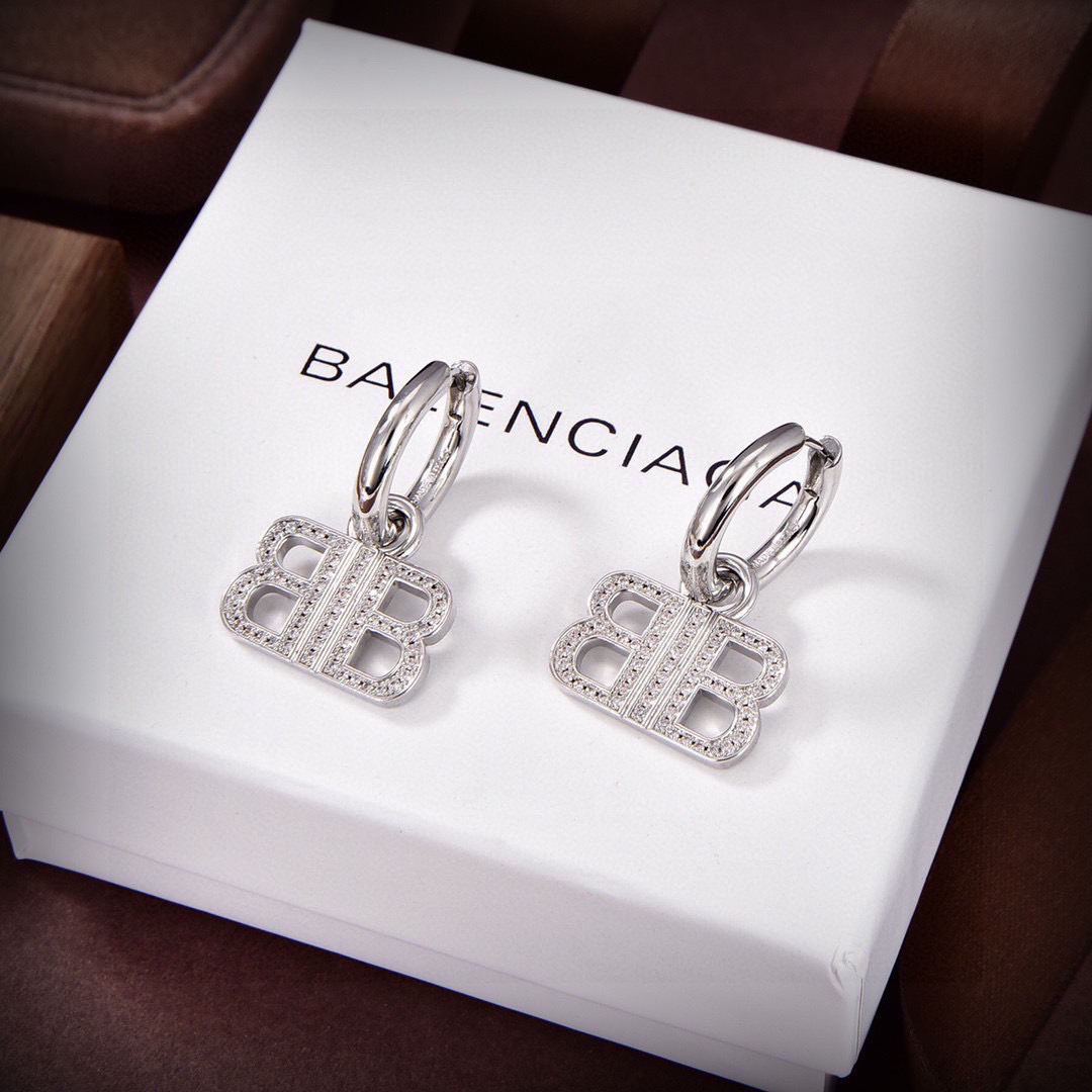 Balenciaga BB Icon Interlocking Logo Rhinestone Pave Small Hoop Drop Earrings - KAIROO