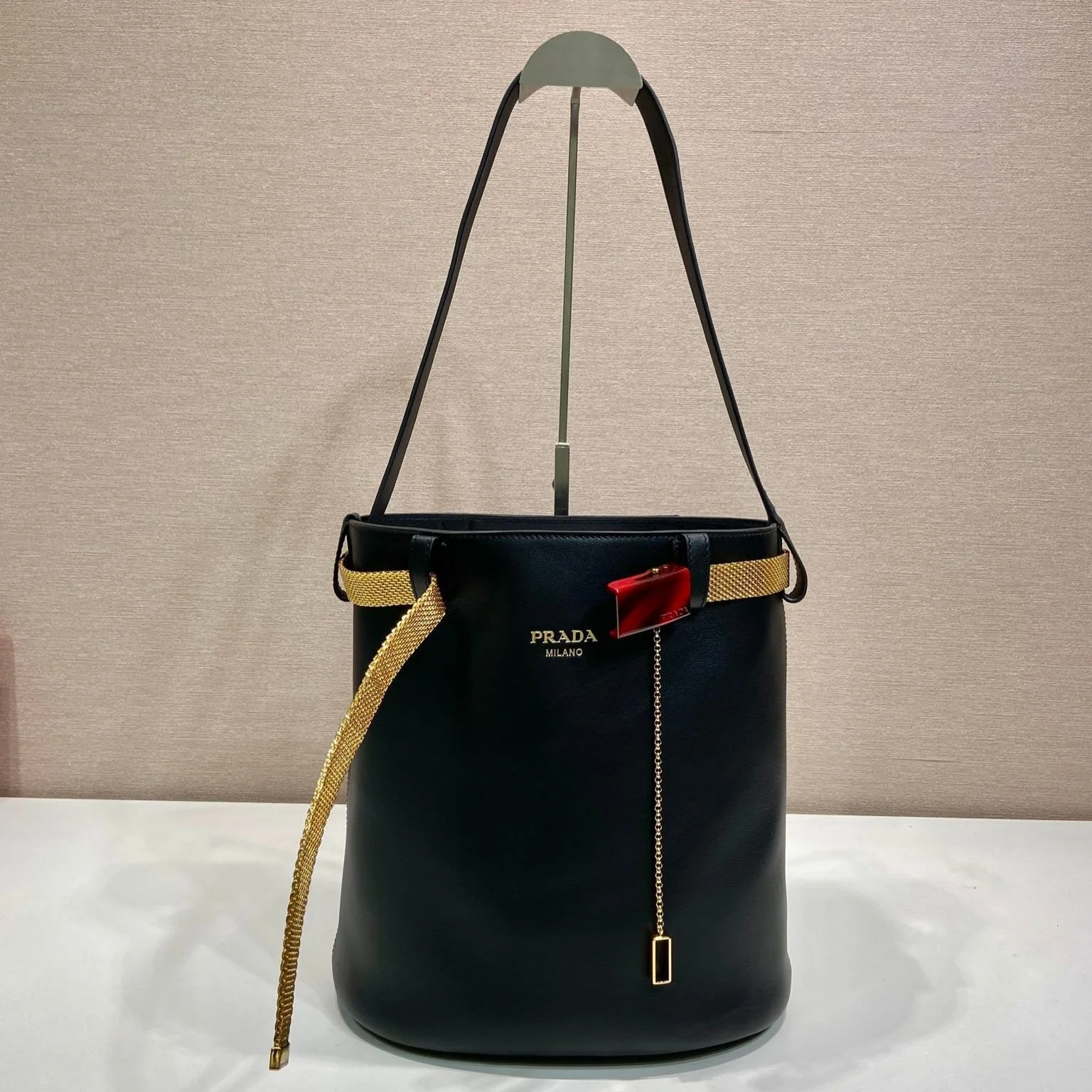 Prada PRA bucket bag iron chain black leather 341179