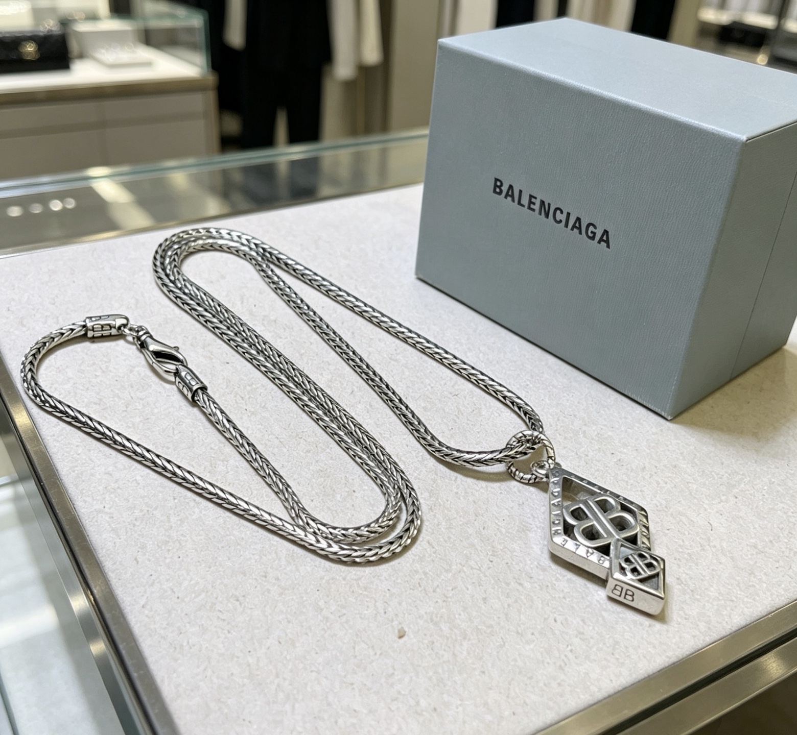 Balenciaga BB Icon Embossed Diamond Shaped Plaque Antique Silver Necklace - KAIROO