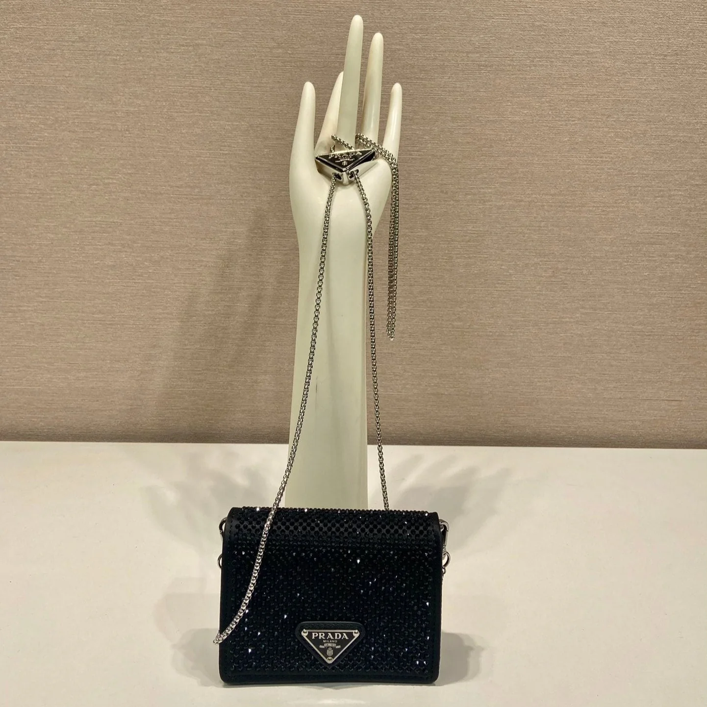 Prada MINI FLAP BAG 11 IN BLACK DUCHESSE FABRIC ATTACHED FULL CRYSTALS SILVER CHAIN