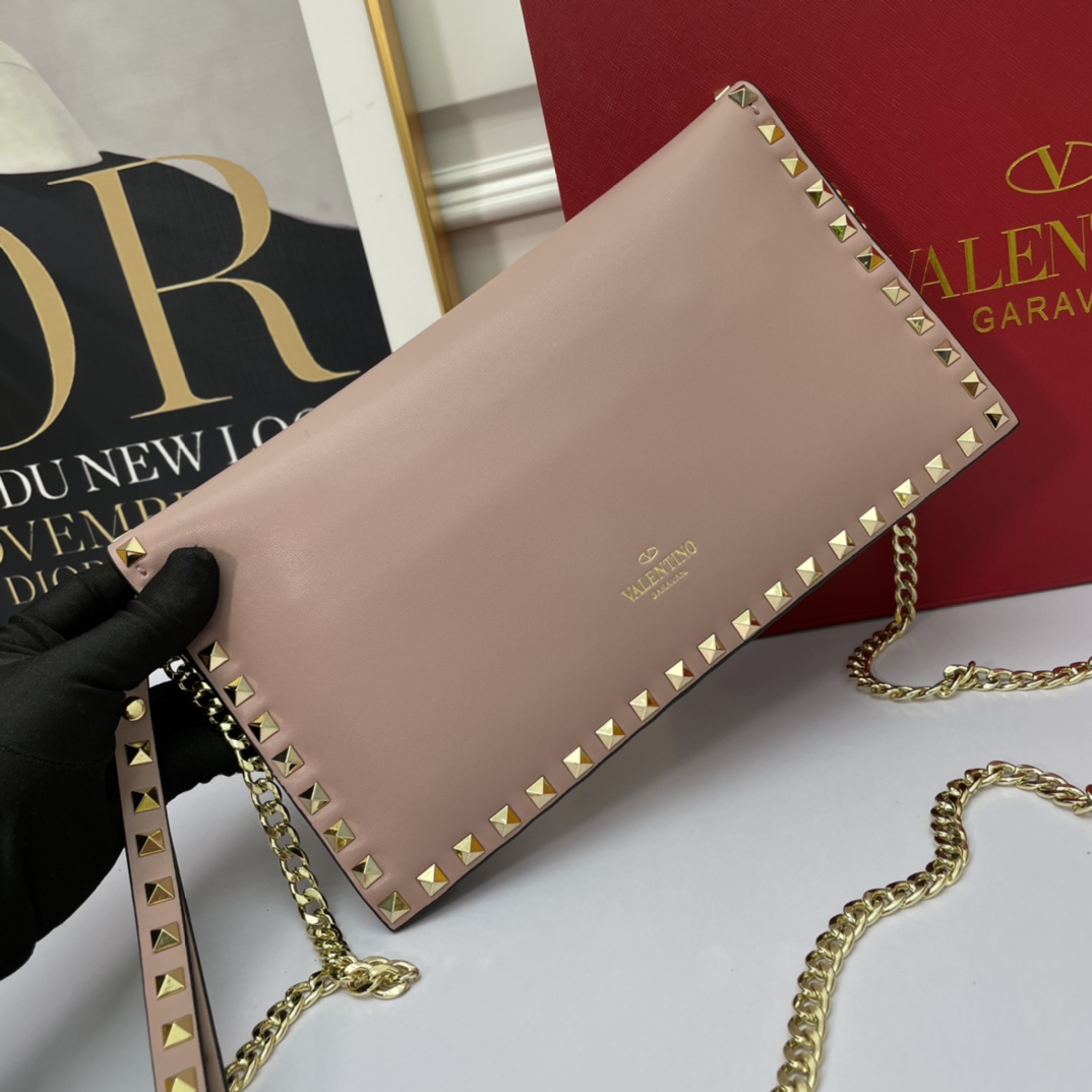 Valentino Rockstud Poudre Leather Studs Flap Wristlet Strap Clutch Chain Envelope Crossbody Bag - KAIROO