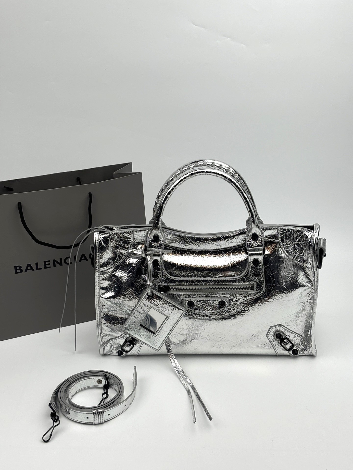 Balenciaga Le City Metallic Silver Soft Crinkled Leather Studded Mirror Charm Braided Handle Crossbody Bag - KAIROO
