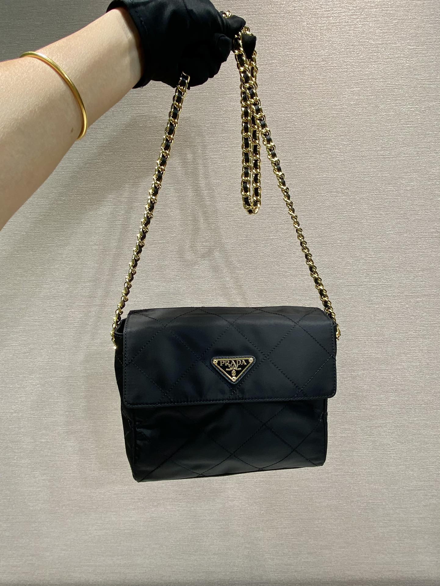 Prada LARGE QUILTED FLAP BAG 23 IN BLACK RE-NYLON FABRIC GOLD CHAIN