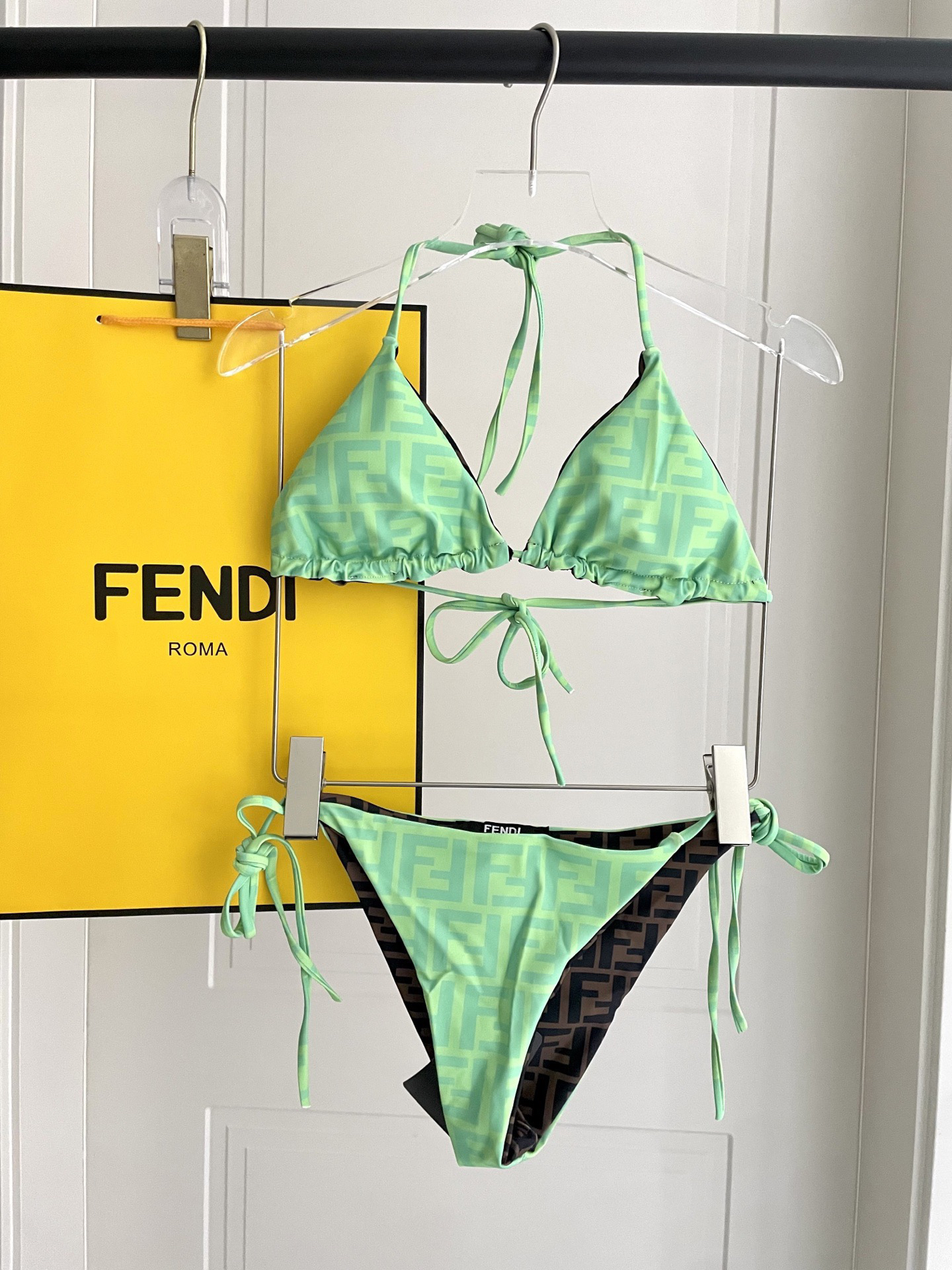 Fendi Reversible Green-Brown FF Monogram Print Tie Strap Triangle Bikini Two-Piece Swimsuit - KAIROO