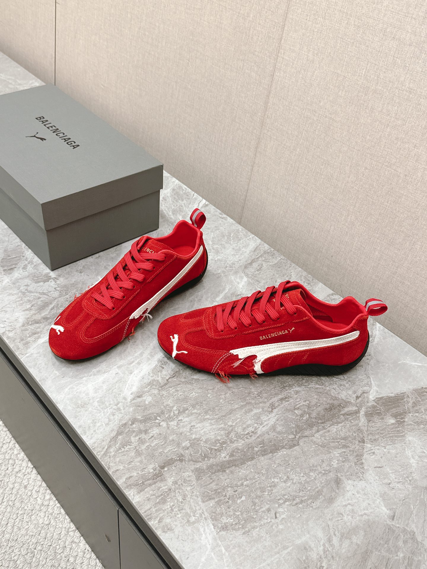 Balenciaga x Puma Red Worn-Out Broken Logo Leather Suede Speed GAT Sneakers - KAIROO