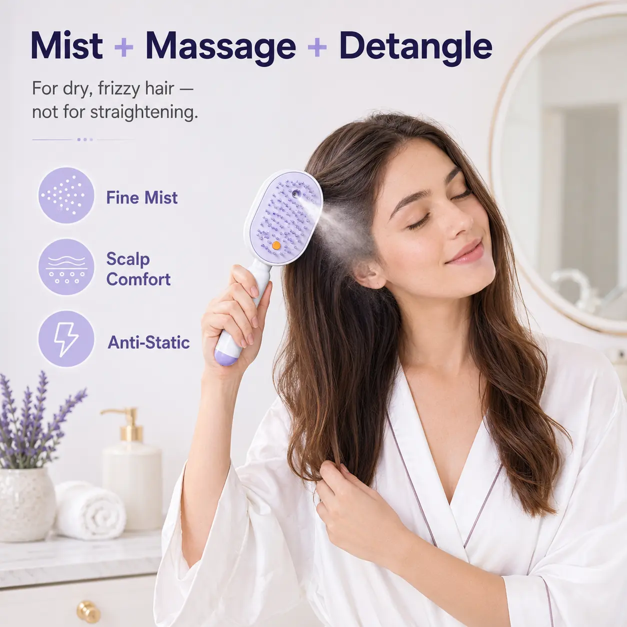 Electric Detangling Hair Brush with Nano-Mist - Vibrating Scalp Massager & Self-Cleaning Comb for Dry, Frizzy & Thick Curly Hair
