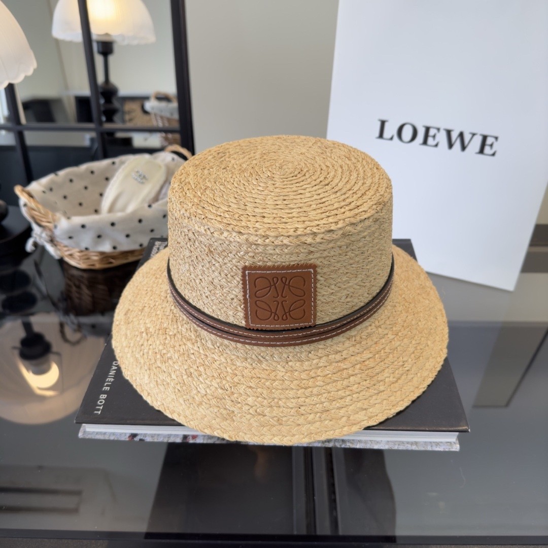 Loewe Natural Straw Hand-woven Raffia Leather Patch Detail Boater Hat - KAIROO