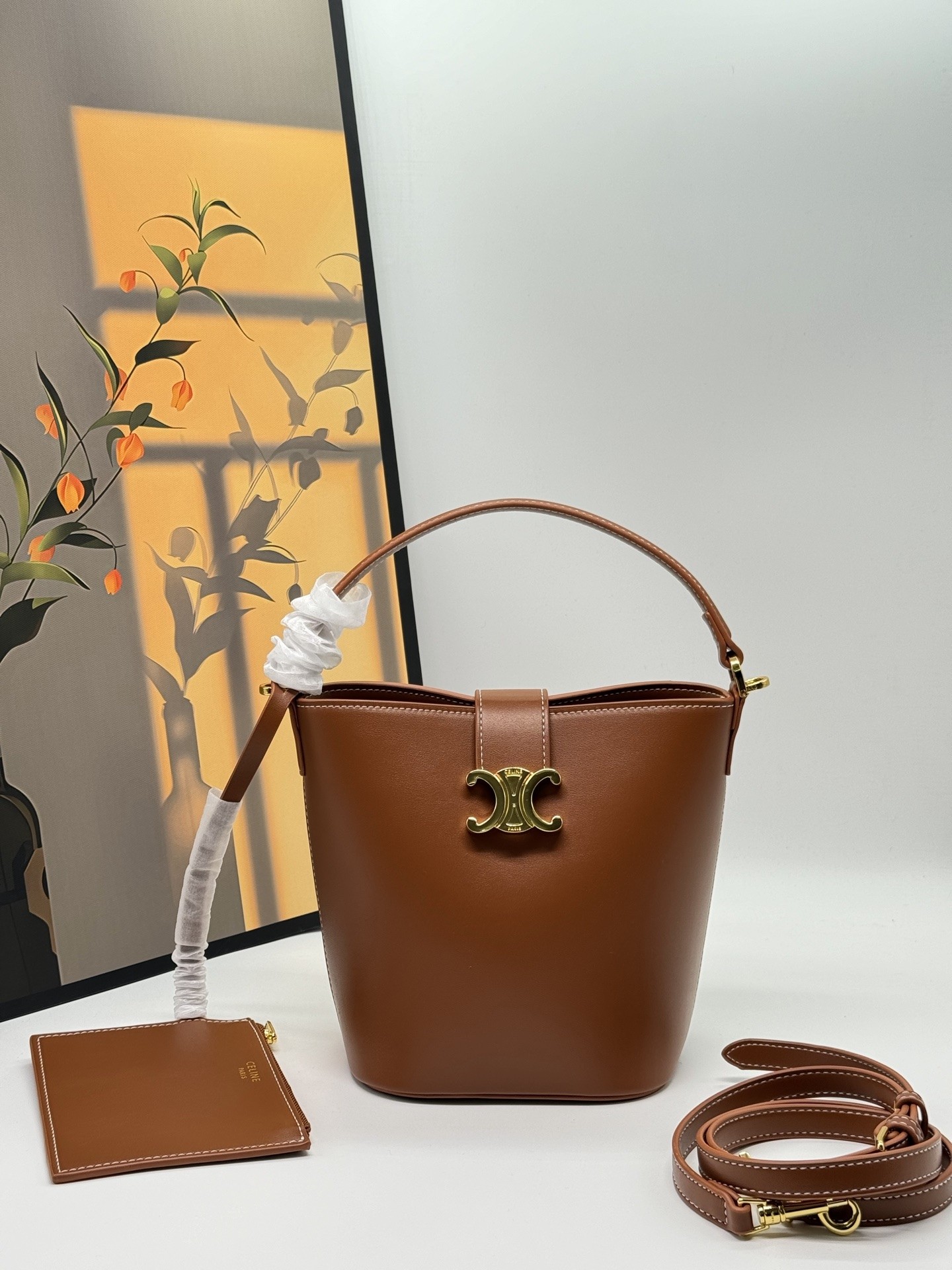 Celine Tan Leather Gold Triomphe Buckle Lock Adjustable Strap Bucket Tote Bag - KAIROO