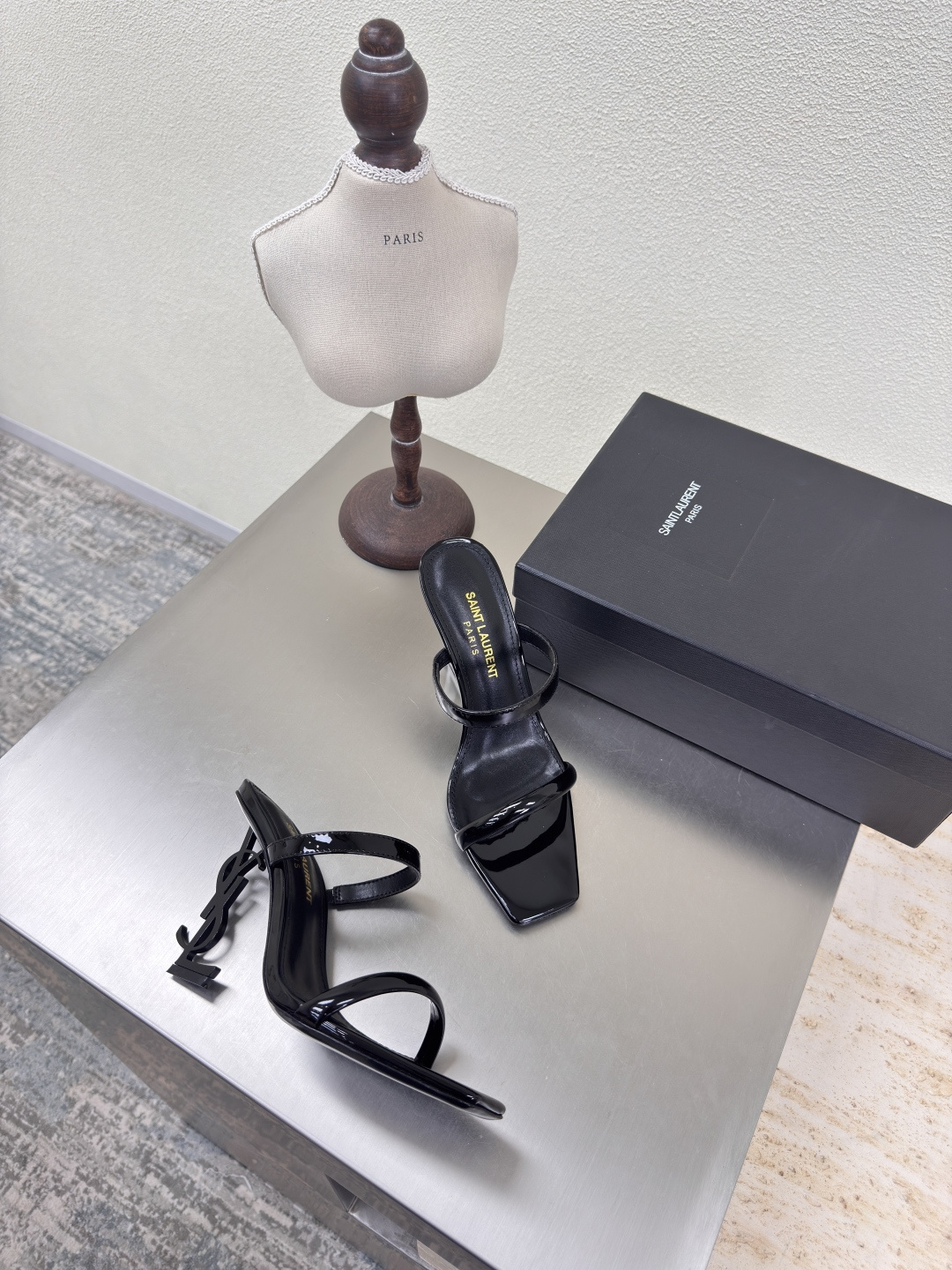 Saint Laurent Black Patent Leather Square Toe Metal YSL Logo Opyum Heel Backless Mules Sandals - KAIROO