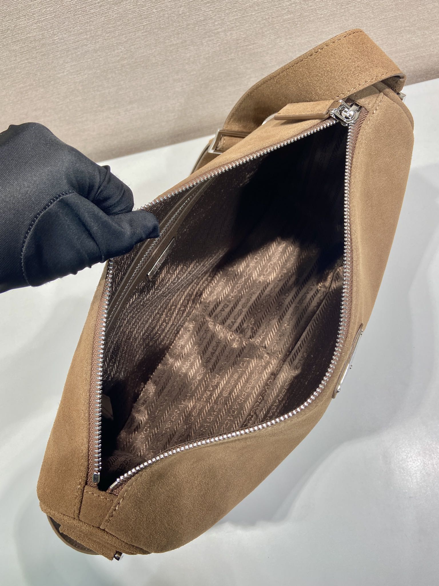 Prada HOBO BAG 35 IN GINGERBREAD SUEDE SILVER LOGO