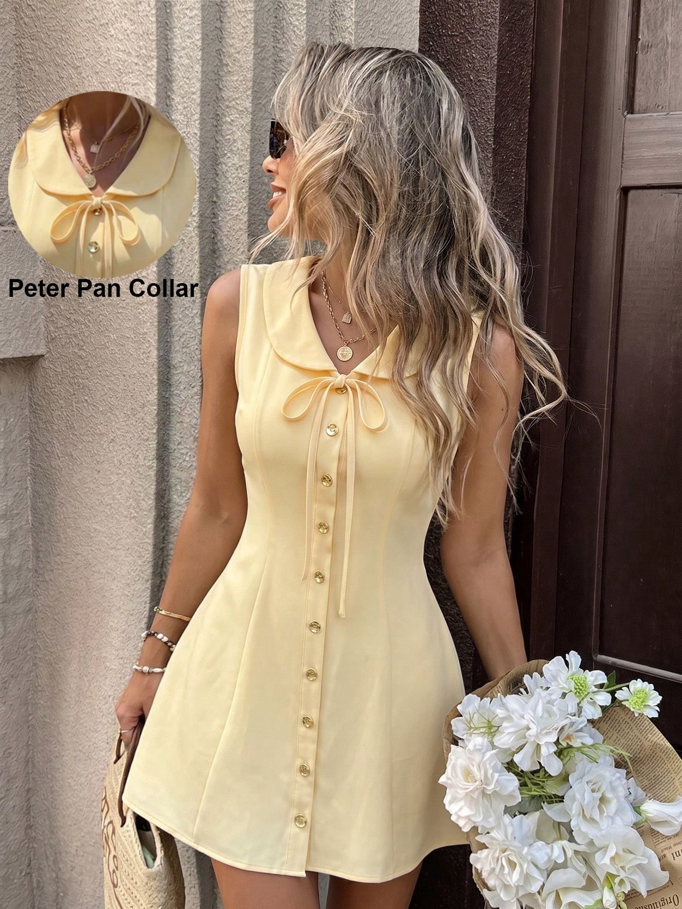 Peter Pan Collar Tie Neck A-Line Mini Dress