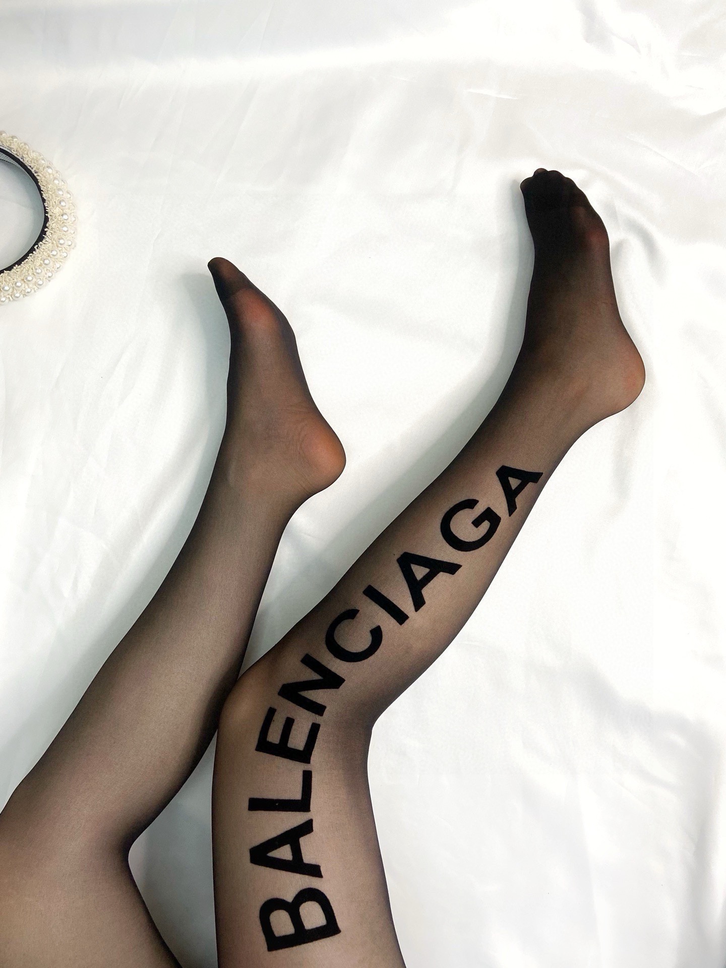 Balenciaga Vertical Large Logo Print Sheer Nylon Tights Stockings - KAIROO