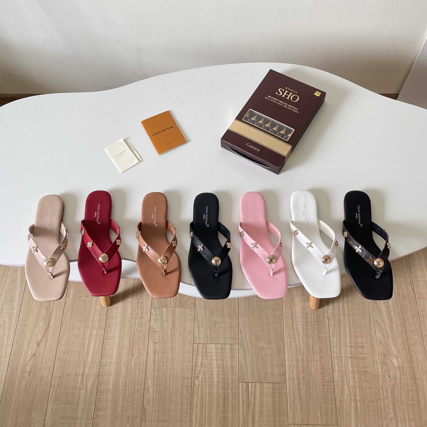 Louis Vuitton LV 26P Monogram Smooth Leather Flower Studded Sunbath Square Toe Thong Sandals - KAIROO