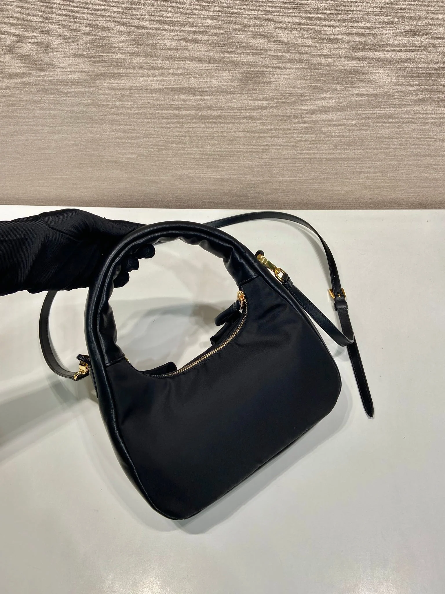 Prada BOW HOBO BAG 22 IN BLACK RE-NYLON AND LAMBSKIN