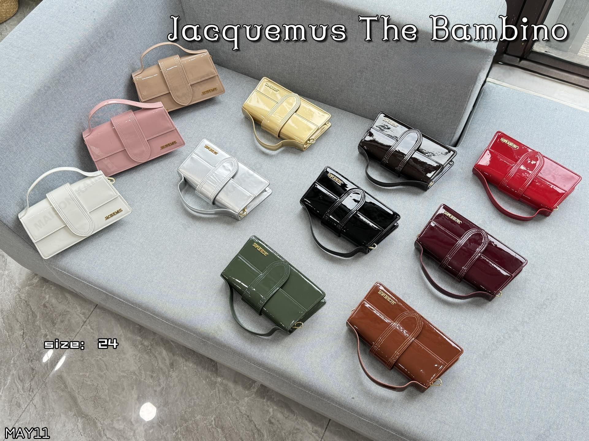 Jacquemus Le Grand Bambino 24 Gloss Patent Leather Trapezoidal Flap Top Handle Box Crossbody Bag - KAIROO