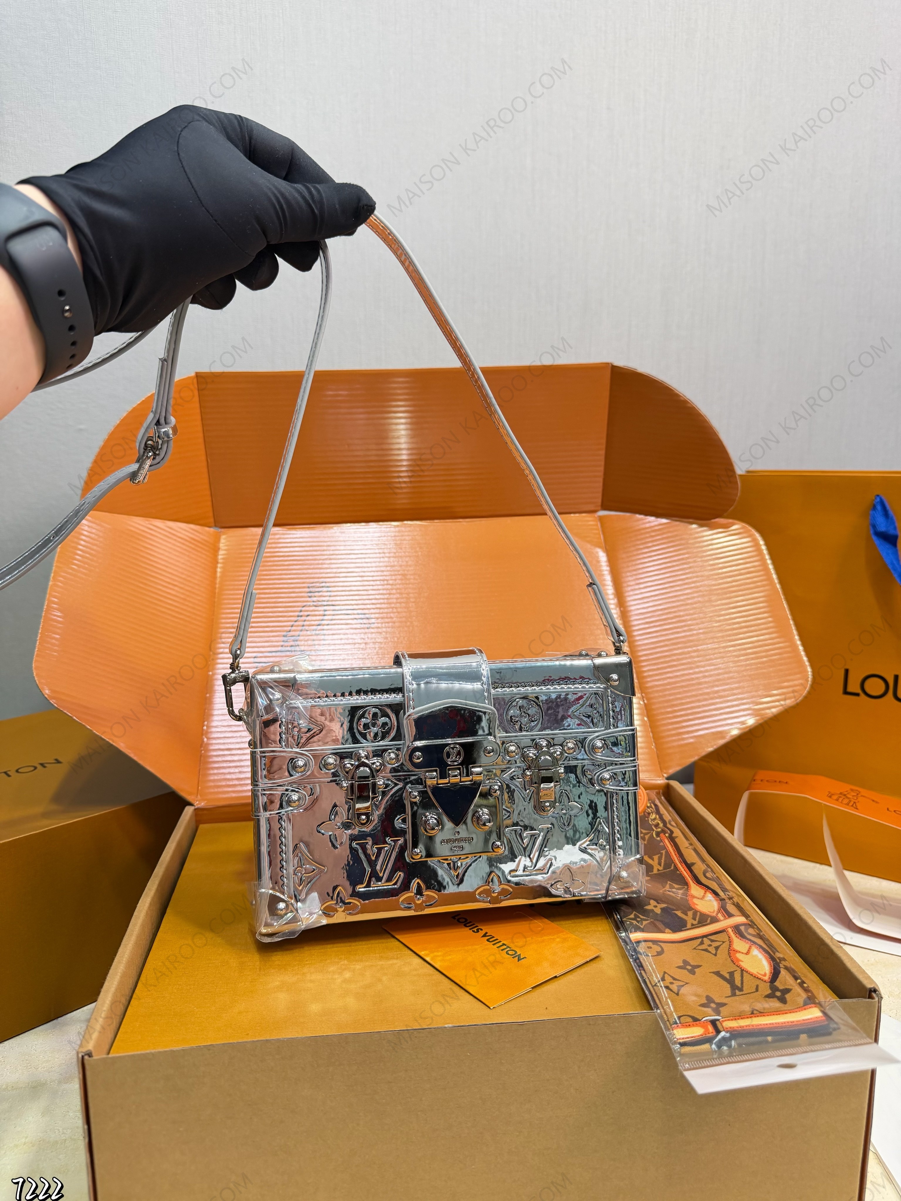 Louis Vuitton LV Petite Malle Trunk Mirror Silver Metallic Debossed Monogram Leather Crossbody Bag - KAIROO