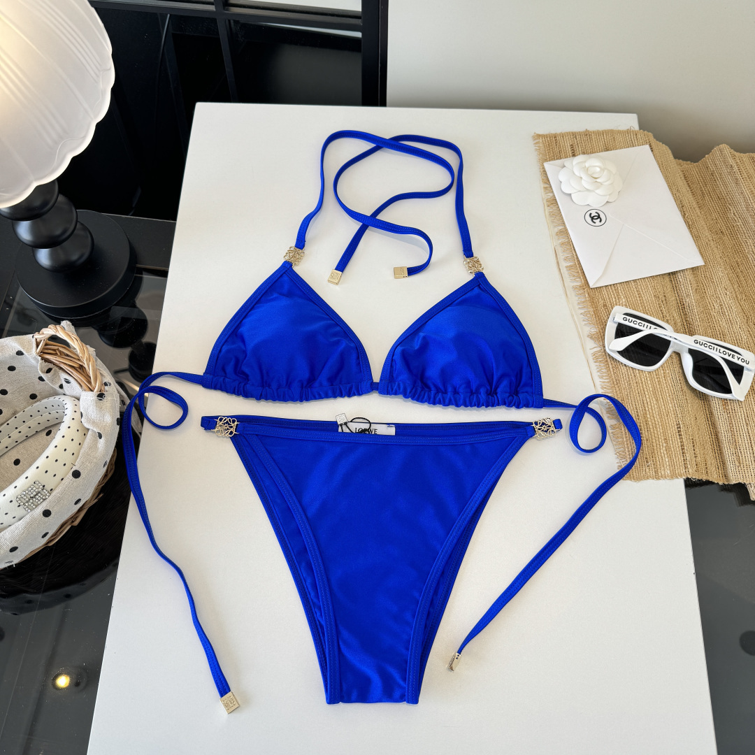 Loewe Royal Blue Gold Anagram Engraved Logo Triangle Halter Two-Piece Bikini Swimsuit Set - KAIROO