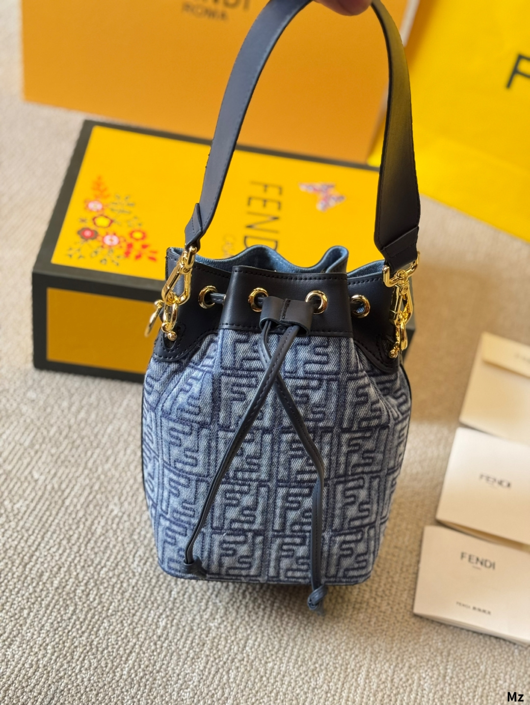 Fendi FF Mon Tresor Mini Dark Denim Jacquard Monogram Leather Drawstring Bucket Shoulder Bags - KAIROO