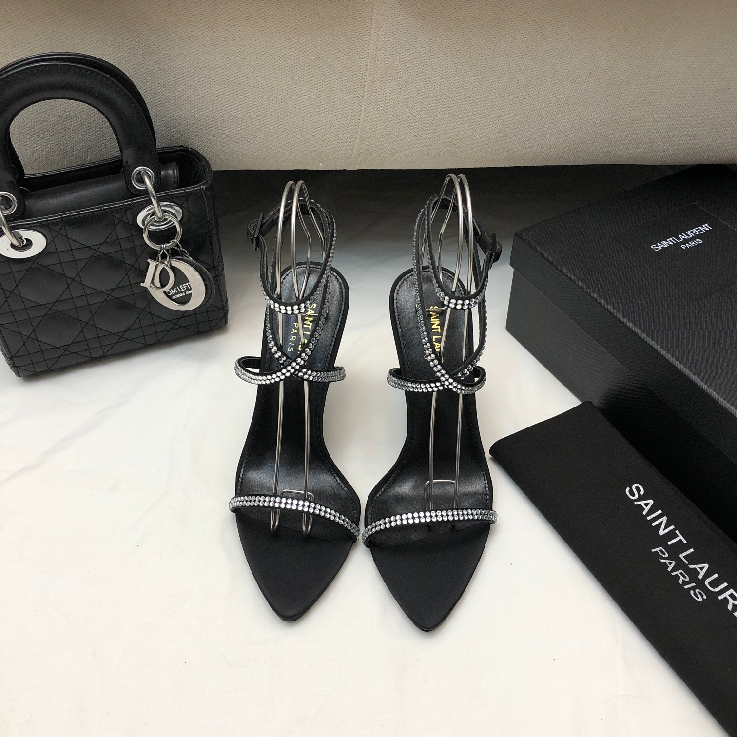Saint Laurent YSL J'Adore Satin Full Crystal Embellished Pointed Toe Ankle Strap Crisscross Stiletto Heels Sandal - KAIROO