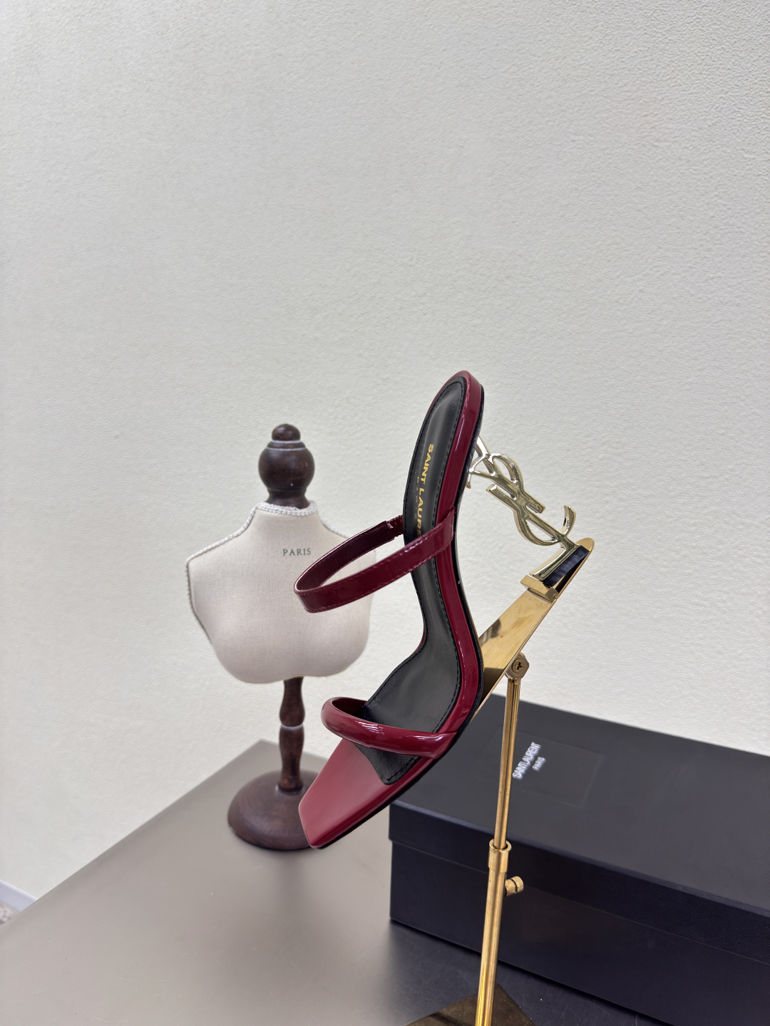 Saint Laurent Red Patent Leather Square Toe Metal YSL Logo Opyum Heel Backless Mules Sandals - KAIROO