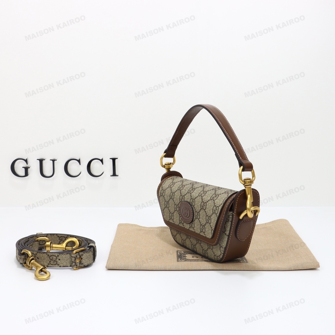 Gucci x Dans Le Vert Ophidia Beige GG Supreme Canvas Mini Saddle Logo Striped Shoulder Bag - KAIROO