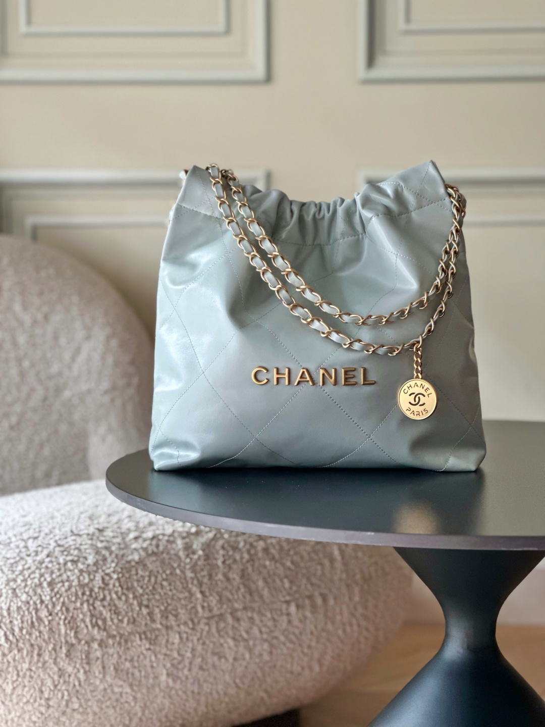 Chanel 22 Small Handbag in Blue Shiny Calfskin AS3260