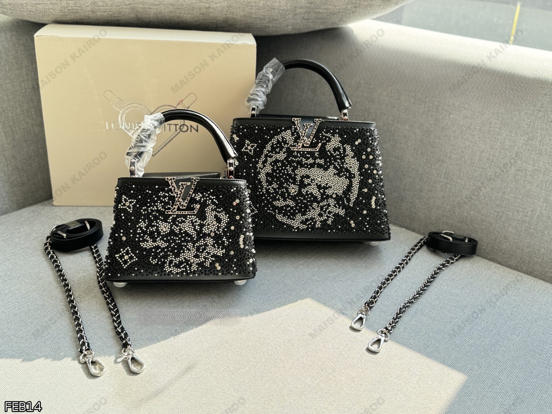 Louis Vuitton LV Capucines BB/Mini Black Gradient Planet Beaded Studs Smooth Leather Top Handle Bag - KAIROO