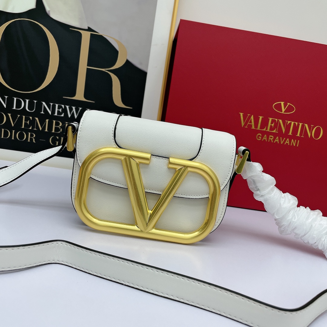Valentino Mini& Small Oversized VLogo Signature White Leather Maxi Gold Hardware Flap Shoulder Bag - KAIROO