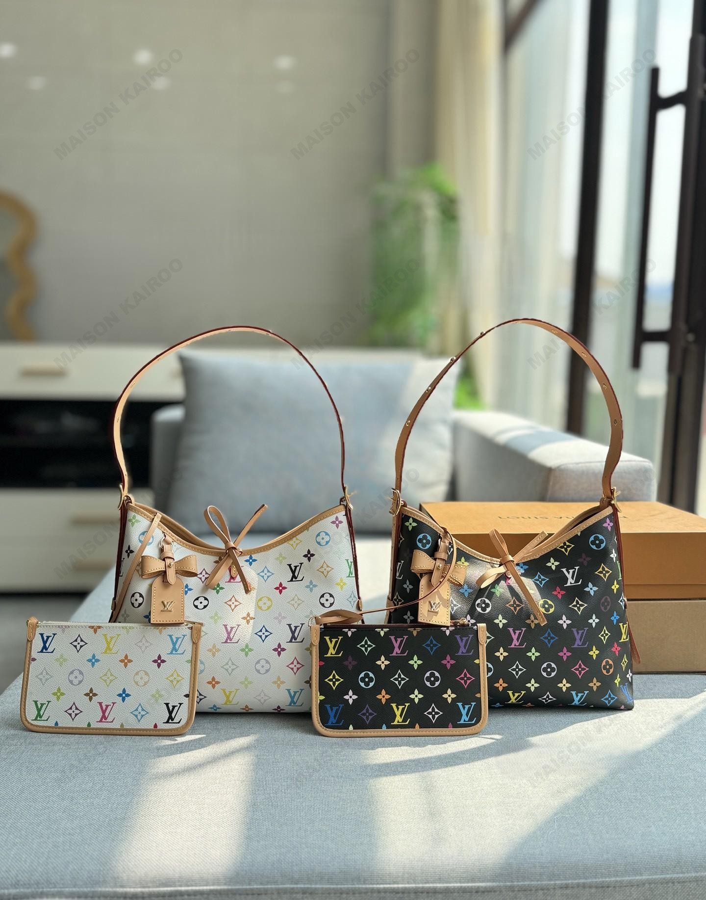 Louis Vuitton LV x TM Carryall BB&PM Monogram Multicolore Canvas Vachetta Leather Bow Hobo Tote Shoulder Bag - KAIROO