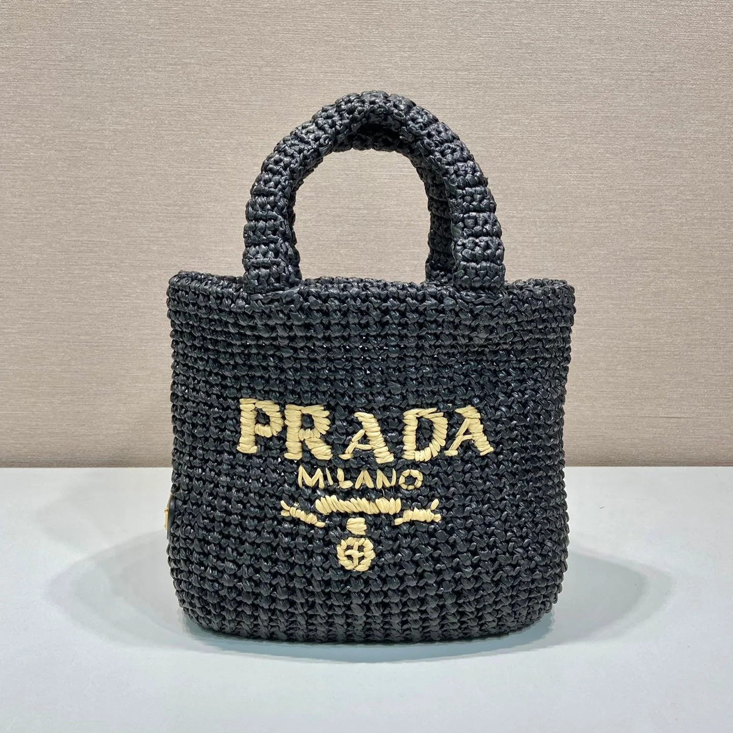 Prada SMALL CROCHET TOTE BAG 24 IN BLACK MIX YELLOW RAFFIA
