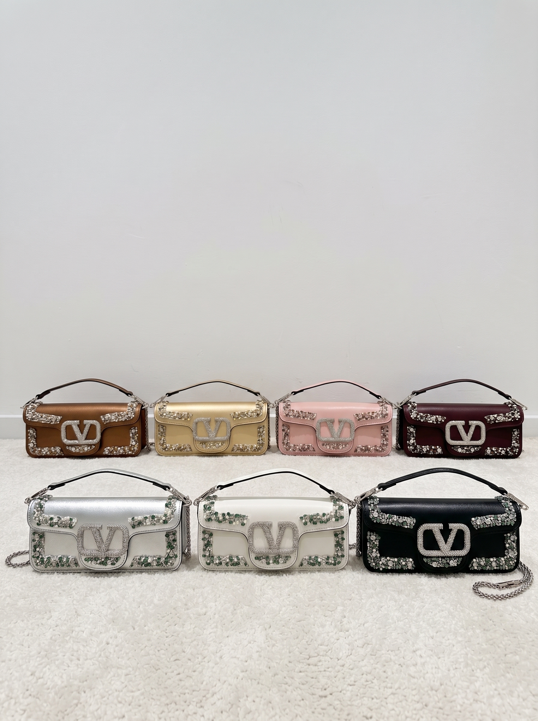 Valentino Locò Jewel Medium Leather Crystal Pearl Bead-Embroidered VLogo Flap Chain Horizontal Shoulder Bag - KAIROO
