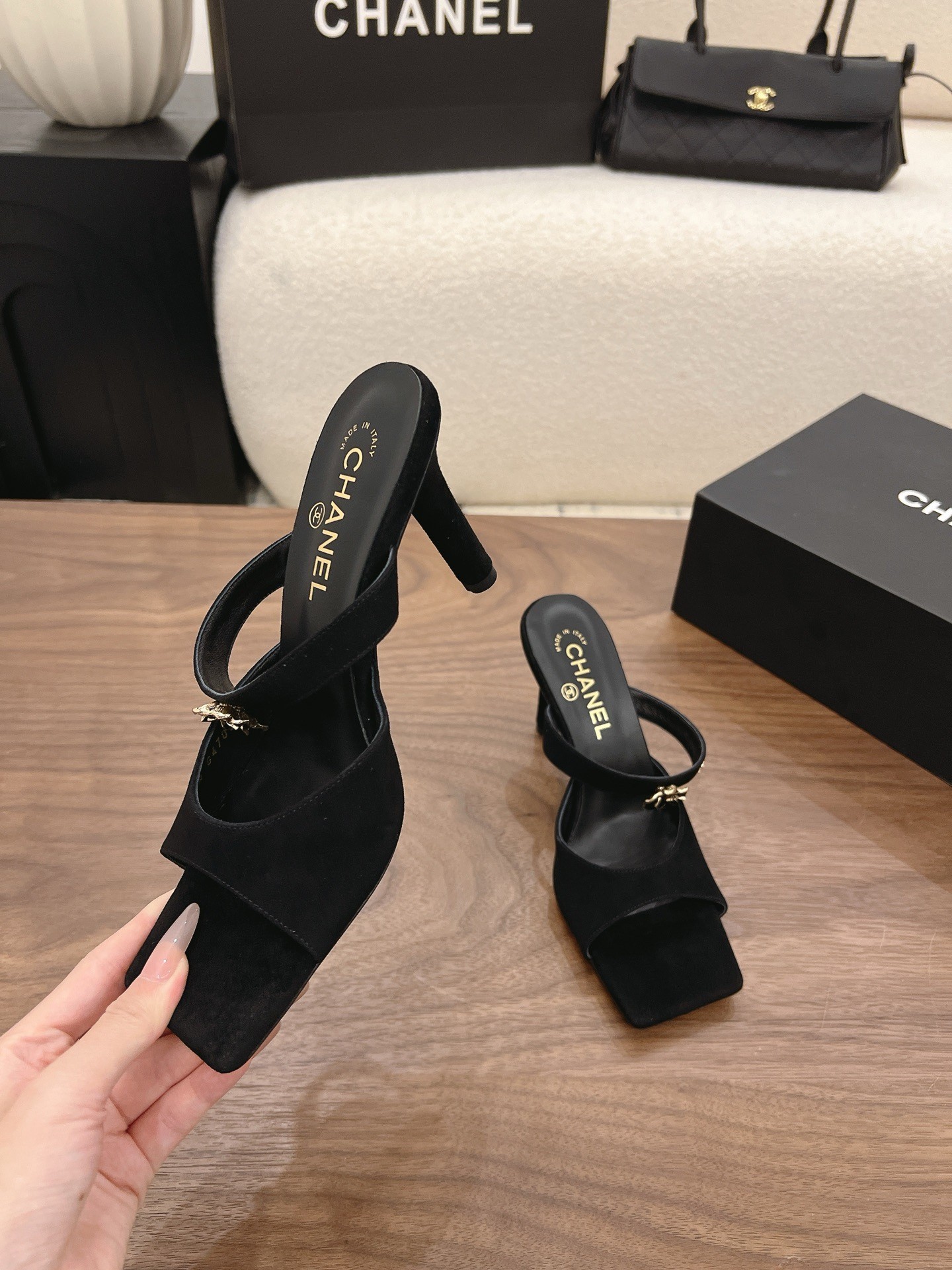 Chanel 26K Black Camellia Buckle Suede Leather Square Toe Sandals Mules Heels - KAIROO