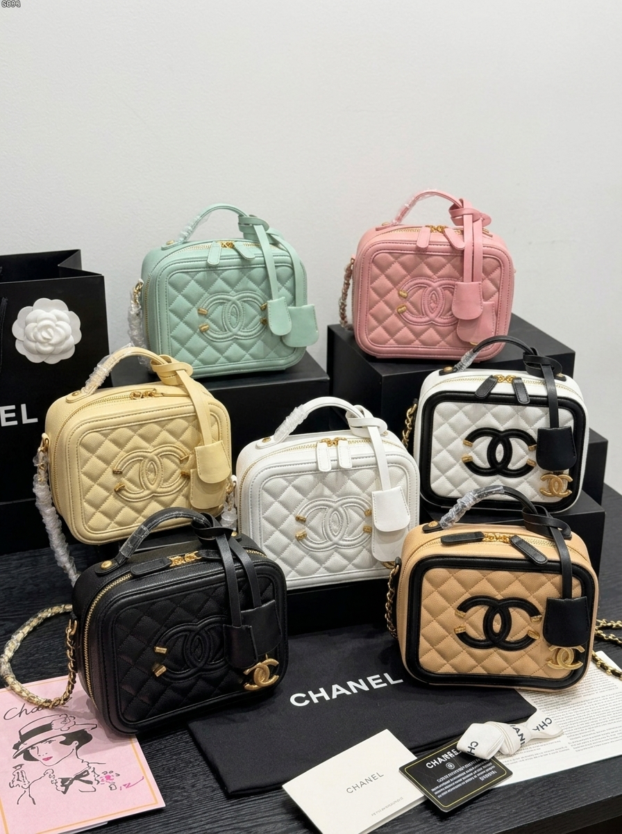 Chanel Small Square Vanity Case Quilted Caviar Leather CC Logo Filigree Top Handle Crossbody Bag - KAIROO