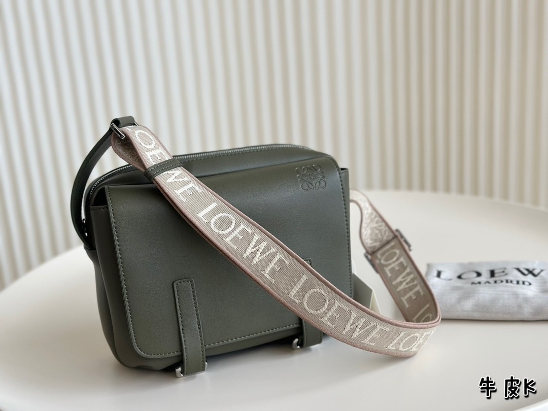 Loewe Green Leather Wide Webbing Strap Military Messenger Bag - KAIROO