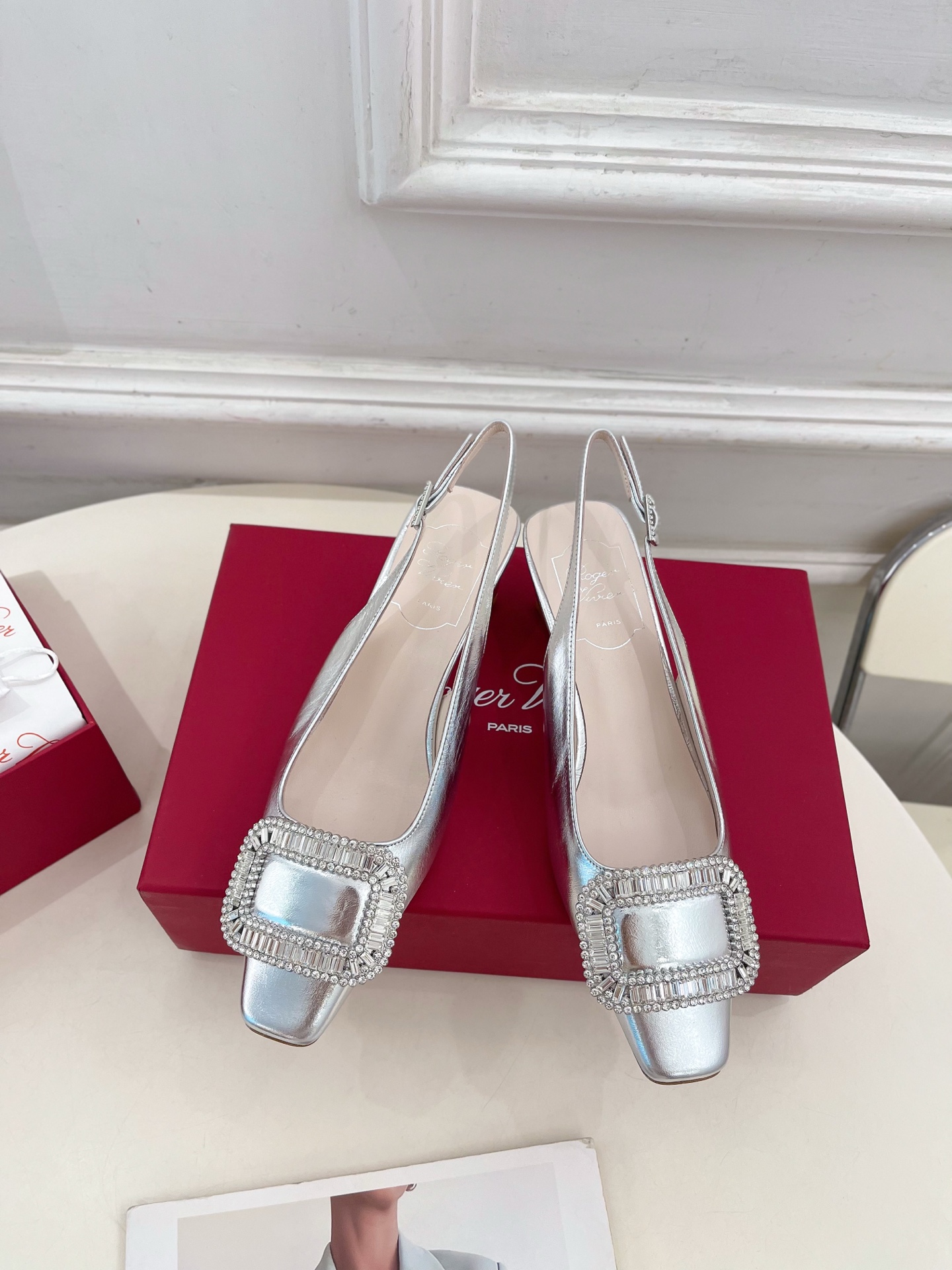 Roger Vivier silk rhinestone Silver Lambskin slingback